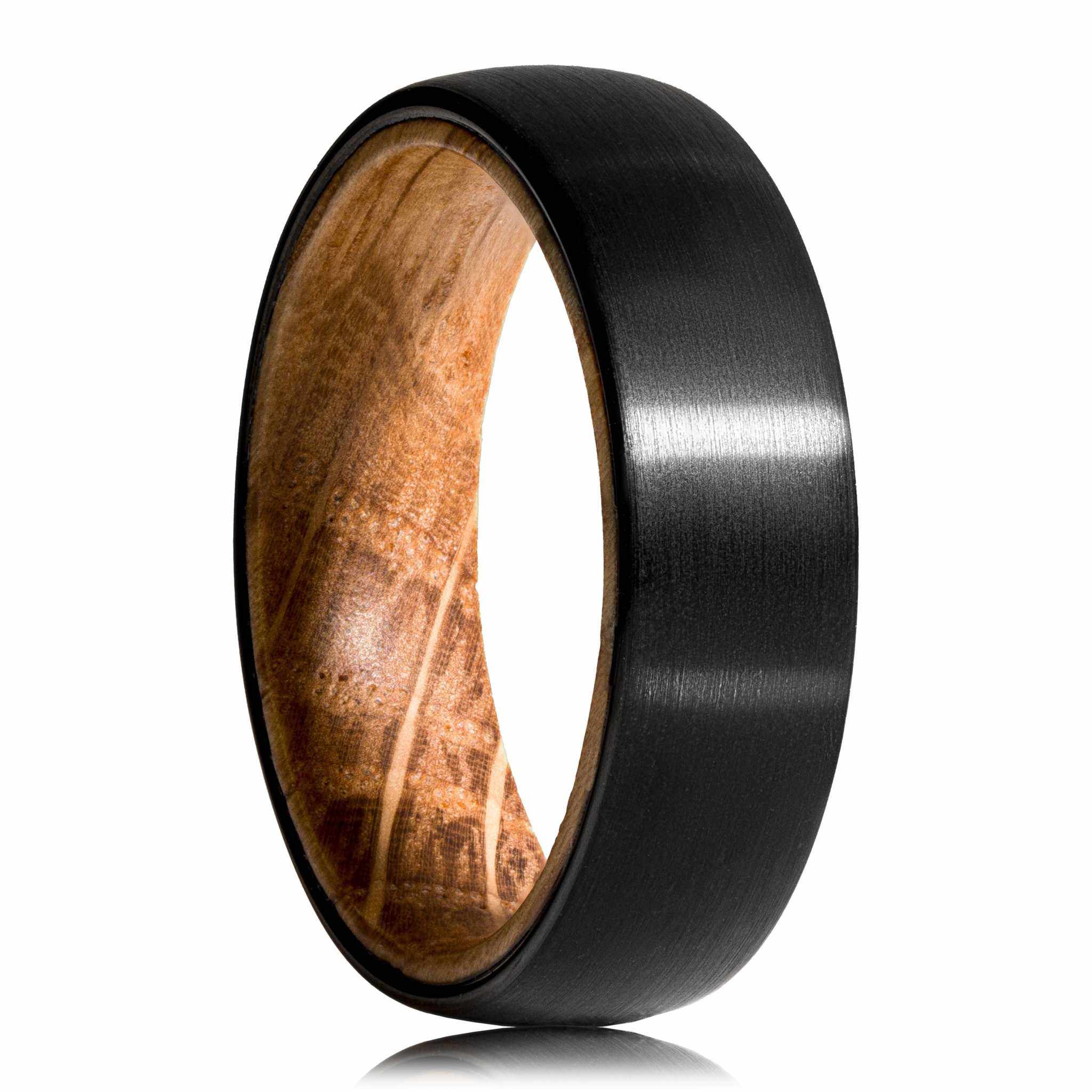 Plain Whiskey Barrel Ring with black satin tungsten and olive wood interior, unisex design.