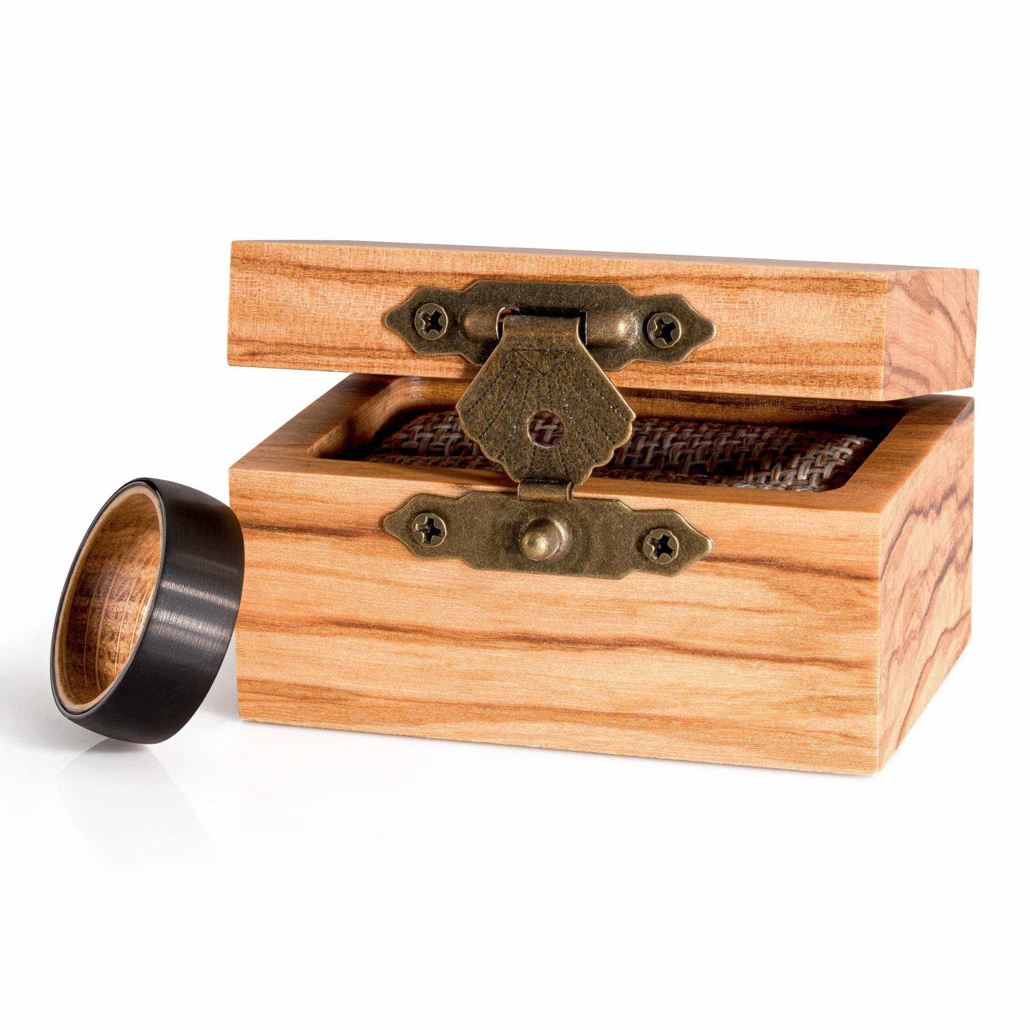 Plain Whiskey Barrel Ring with black satin finish and olive wood interior, displayed with wooden box.