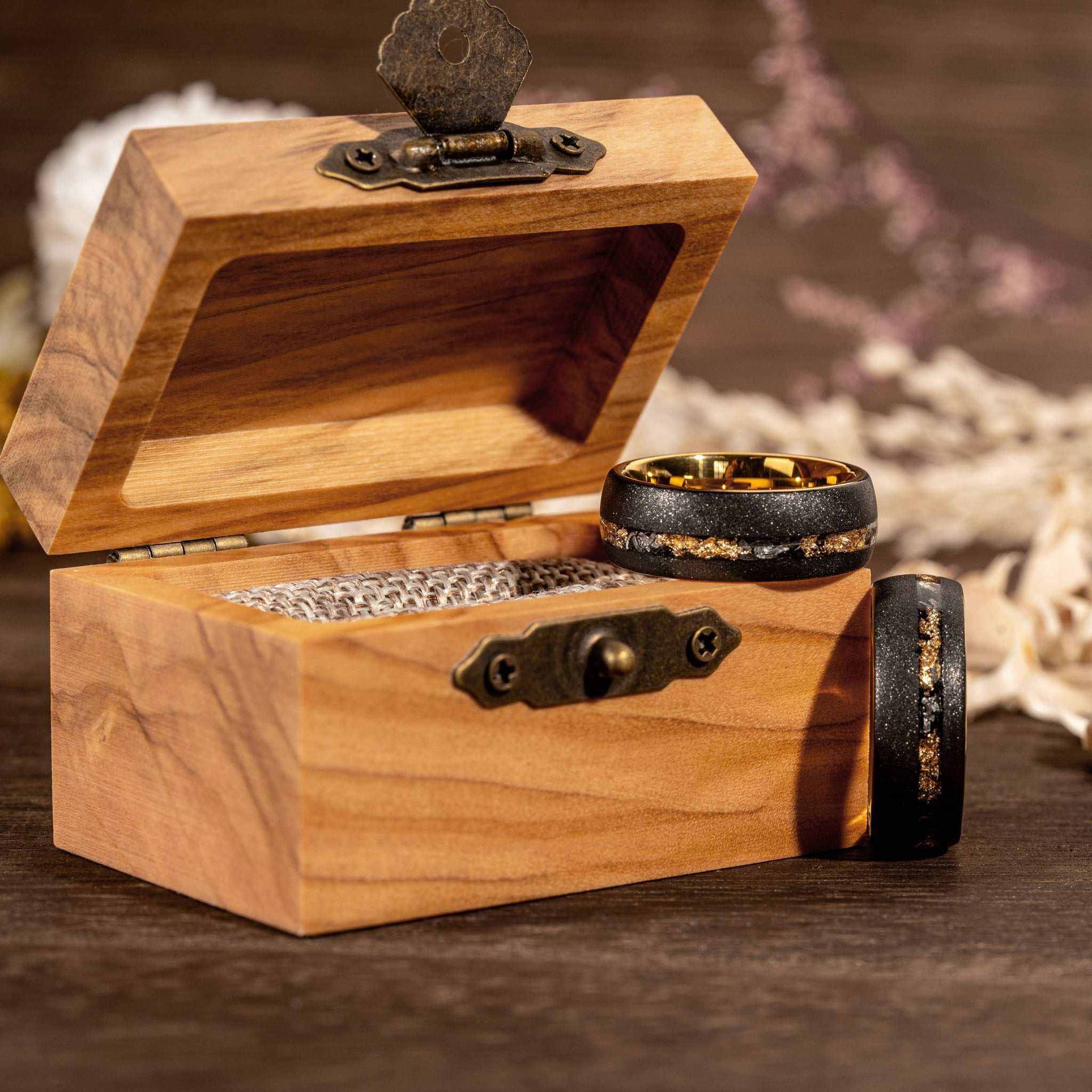 Sandblasted gold leaf meteorite ring with olive wood box.