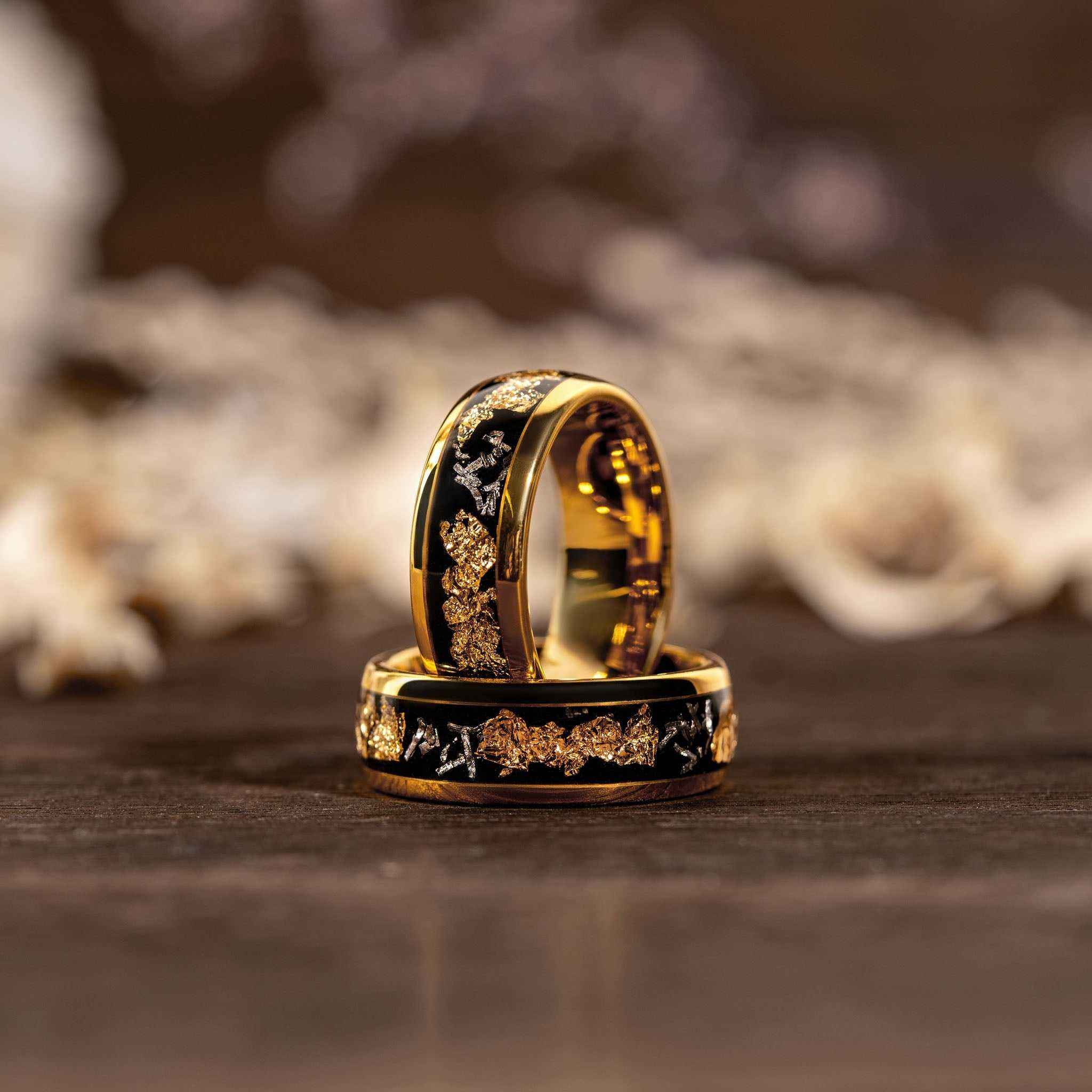 Meteorite and 22K gold leaf inlay tungsten carbide men's wedding rings with protective coating and polished finish