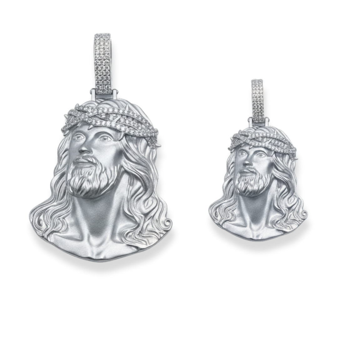 925 sterling silver Jesus piece pendants with detailed Jesus Christ face and crown of thorns, available in different sizes.
