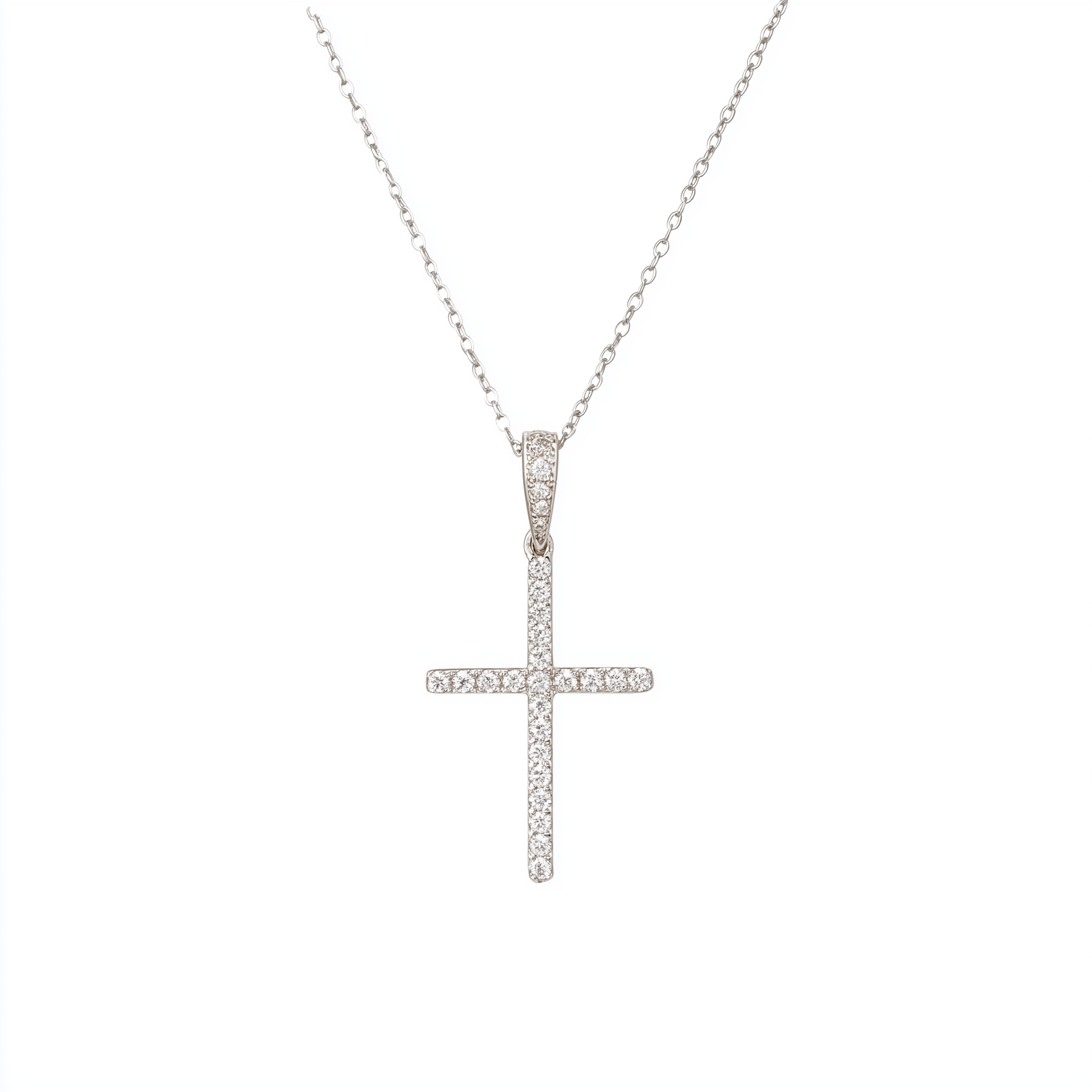 Moissanite cross necklace for women in 925 sterling silver with round cut stones and 18-inch chain