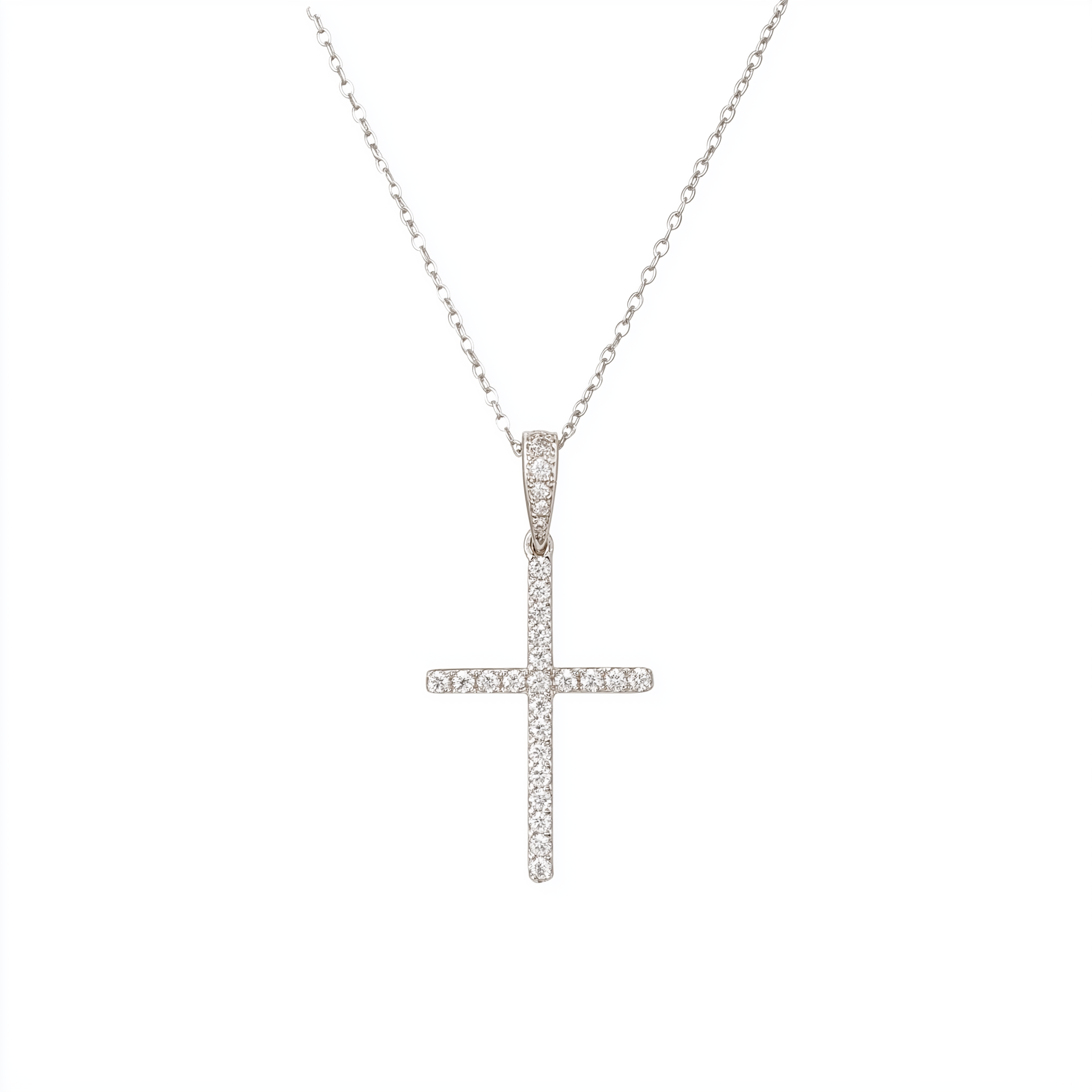 Moissanite cross necklace for women in 925 sterling silver with round cut stones and 18-inch chain