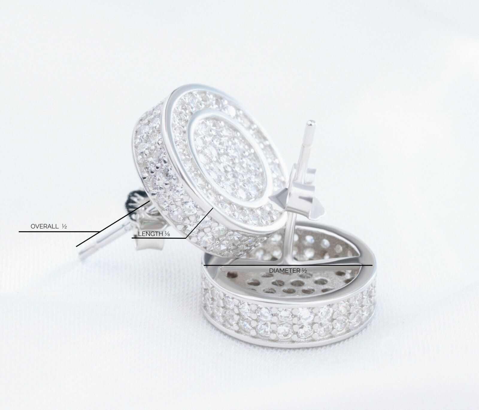 Real Solid 925 Silver Iced CZ Hip Hop Men's Earrings, Big Studs, 18k Gold Finish.
