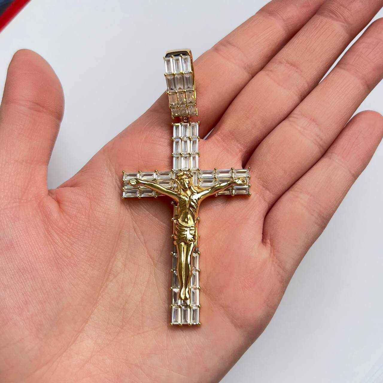 14K Gold Finish Jesus Crucifix Pendant with Cubic Zirconia on hand