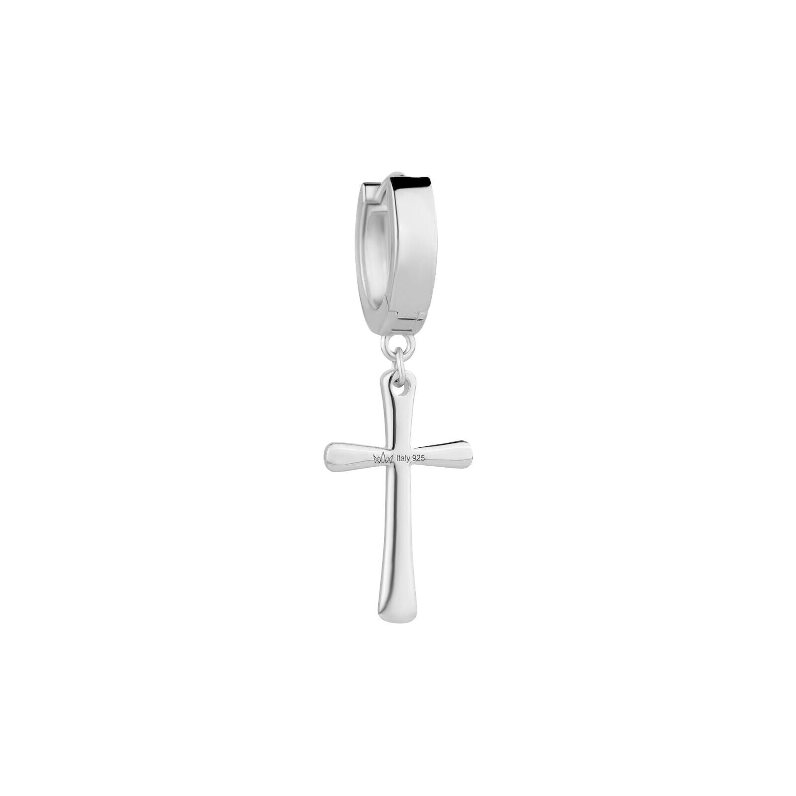 Sterling silver cross earrings with rhodium plating and hoop design.