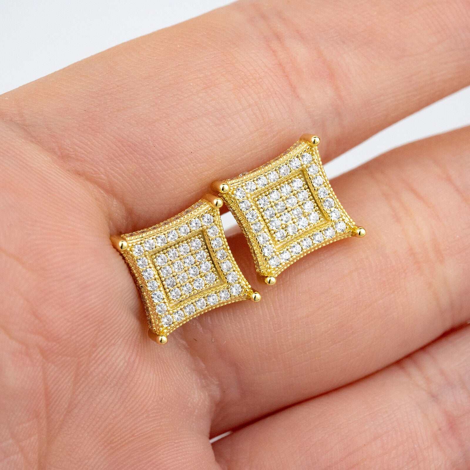 Mens 14k gold plated 925 sterling silver square kite earrings with cubic zirconia.