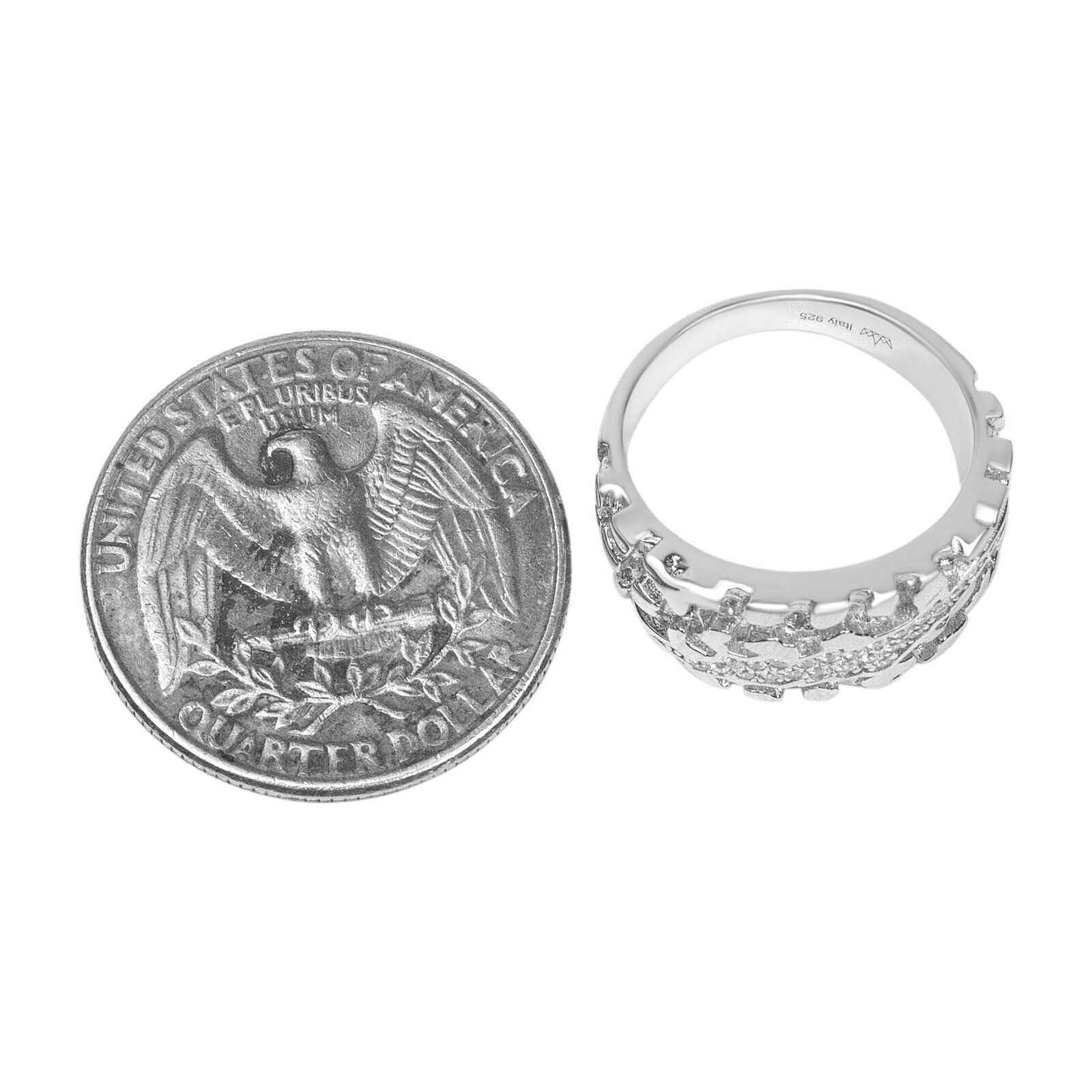 Nugget Claw Mark Ring in 925 Sterling Silver next to a quarter for size comparison.