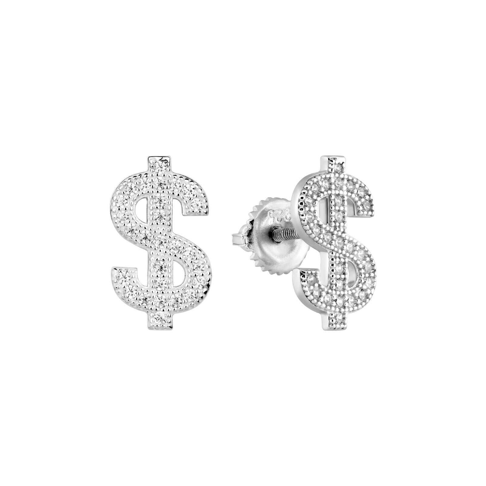 Sterling silver dollar sign earrings with CZ stones and screw backs.