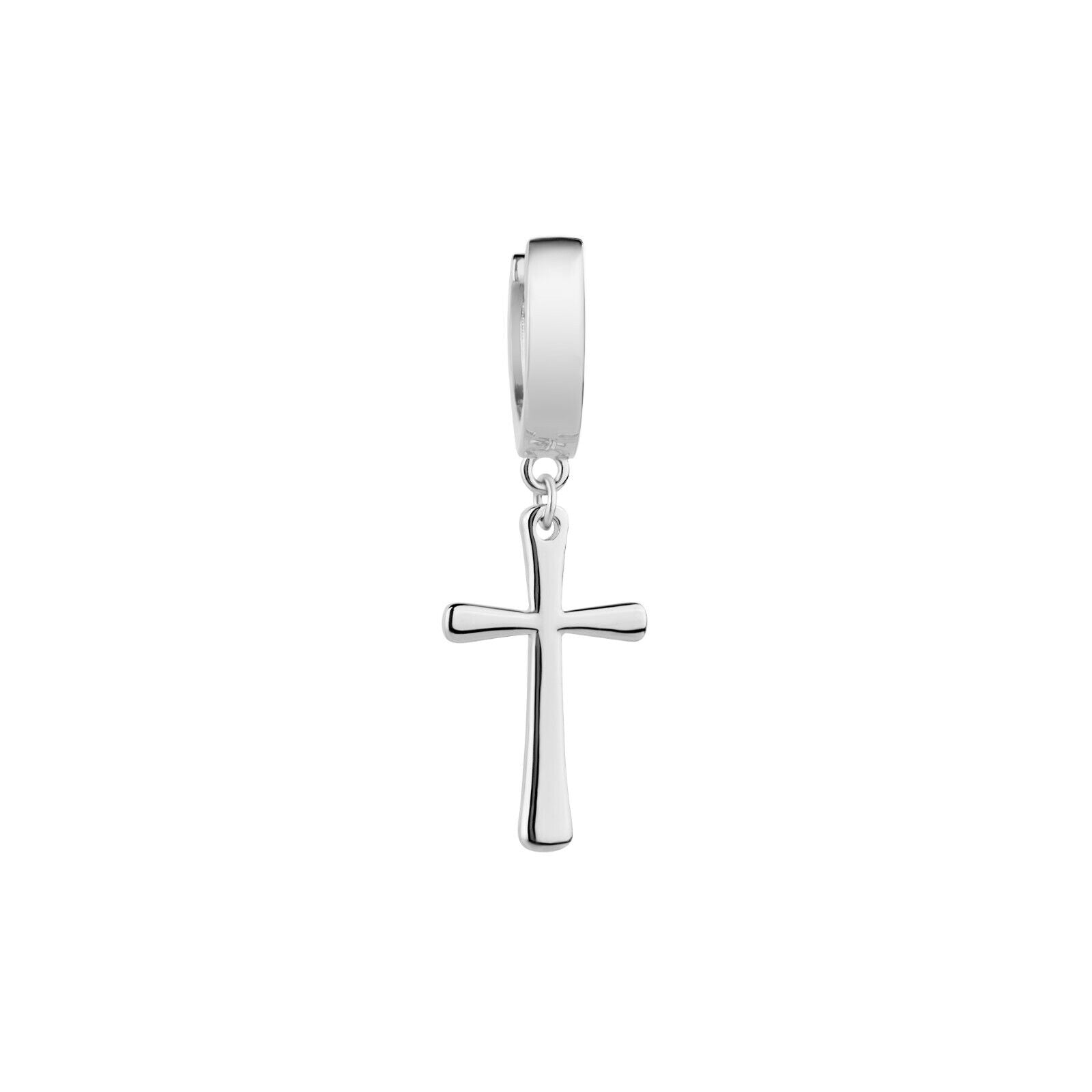 Sterling silver cross earrings with rhodium plating and hoop design.