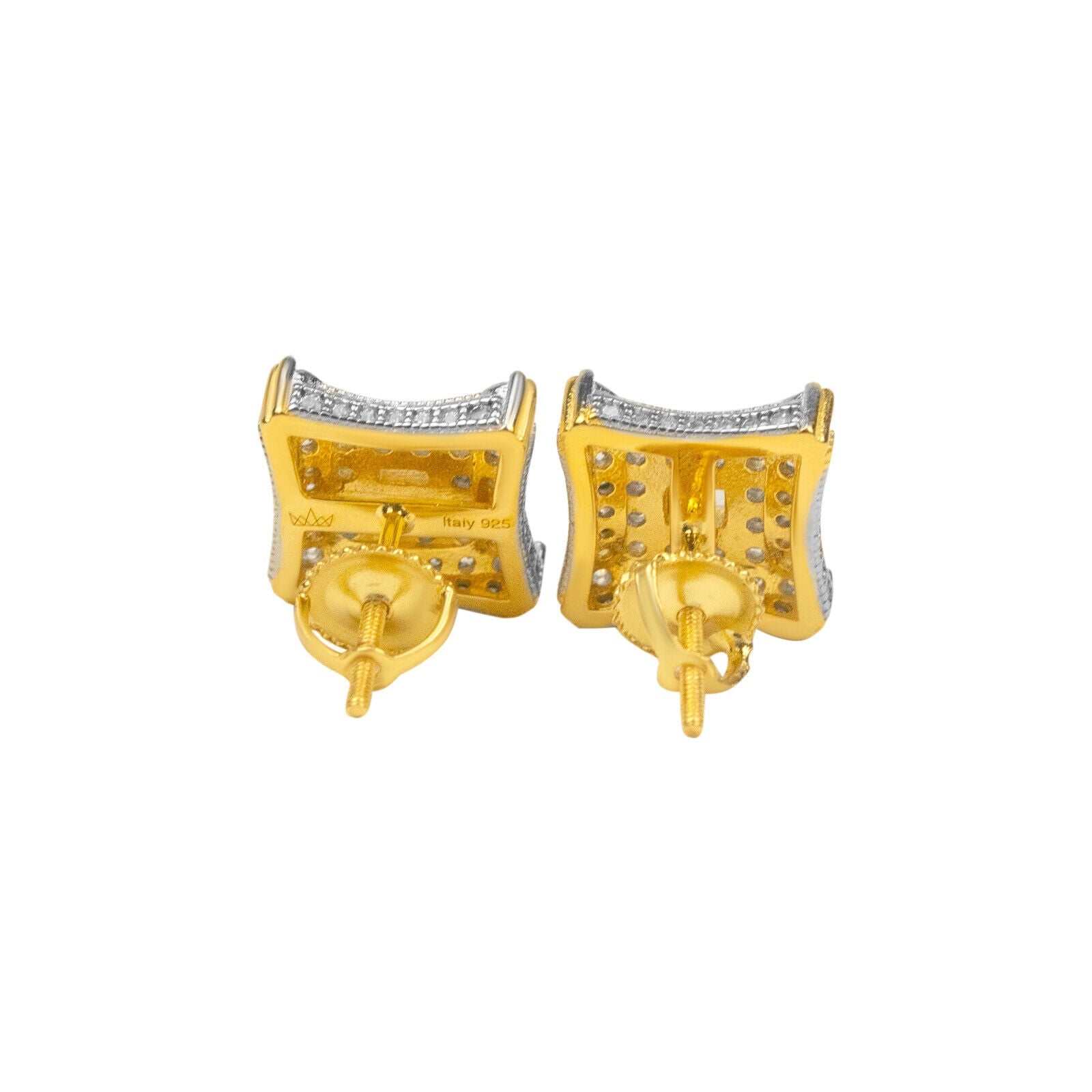 Mens 925 sterling silver 14K gold finish earrings with CZ, hip hop style.