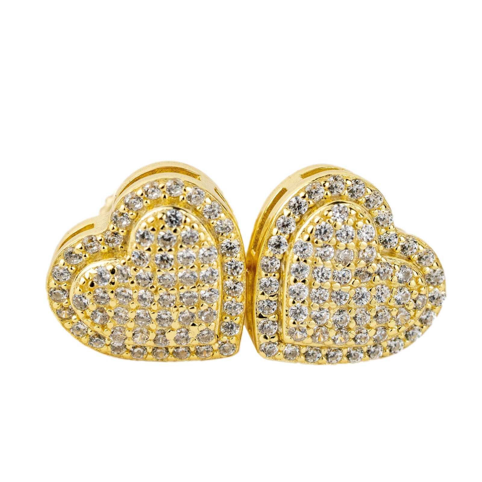 Men's 925 Sterling Silver 14k Gold Heart Shaped Earrings with CZ Stones.