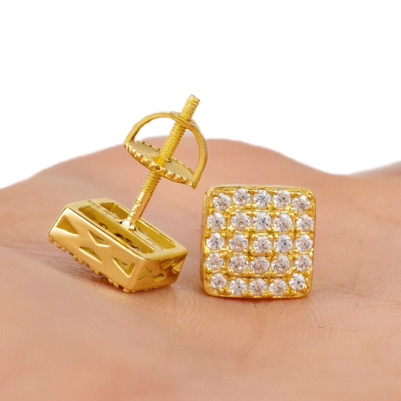 Square shaped stud earrings with cubic zirconia, 14K yellow gold plated, unisex, in 925 sterling silver.