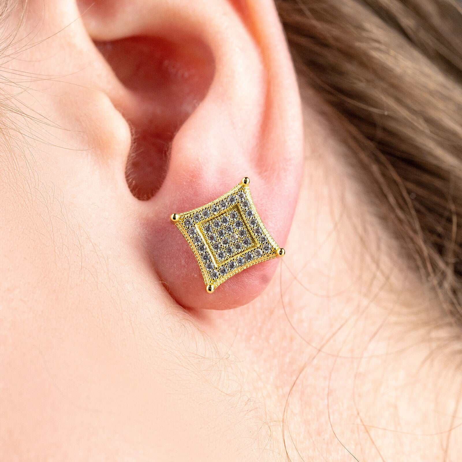 Mens 14k gold plated sterling silver iced CZ square kite earrings.