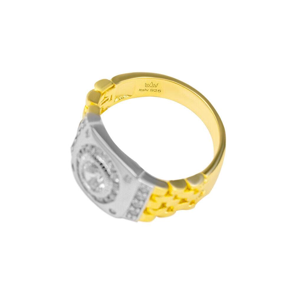 10K yellow gold plated watch ring with flexible sides, cubic zirconia, and sterling silver.