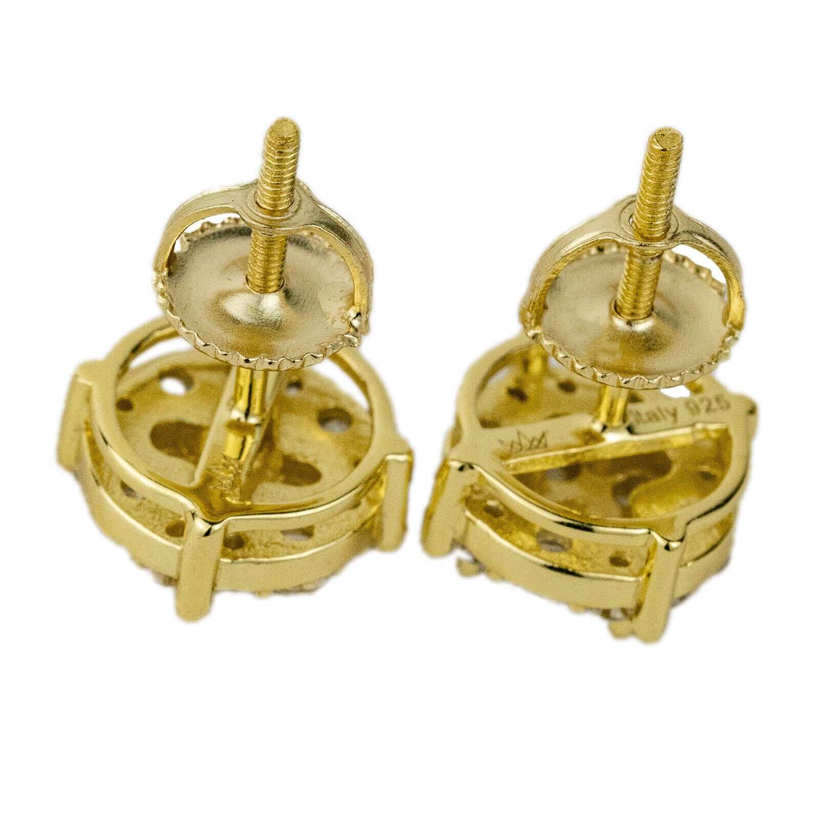 Men's 925 Sterling Silver Gold Plated CZ Hip Hop Earrings, 9mm, Screw Back Closure