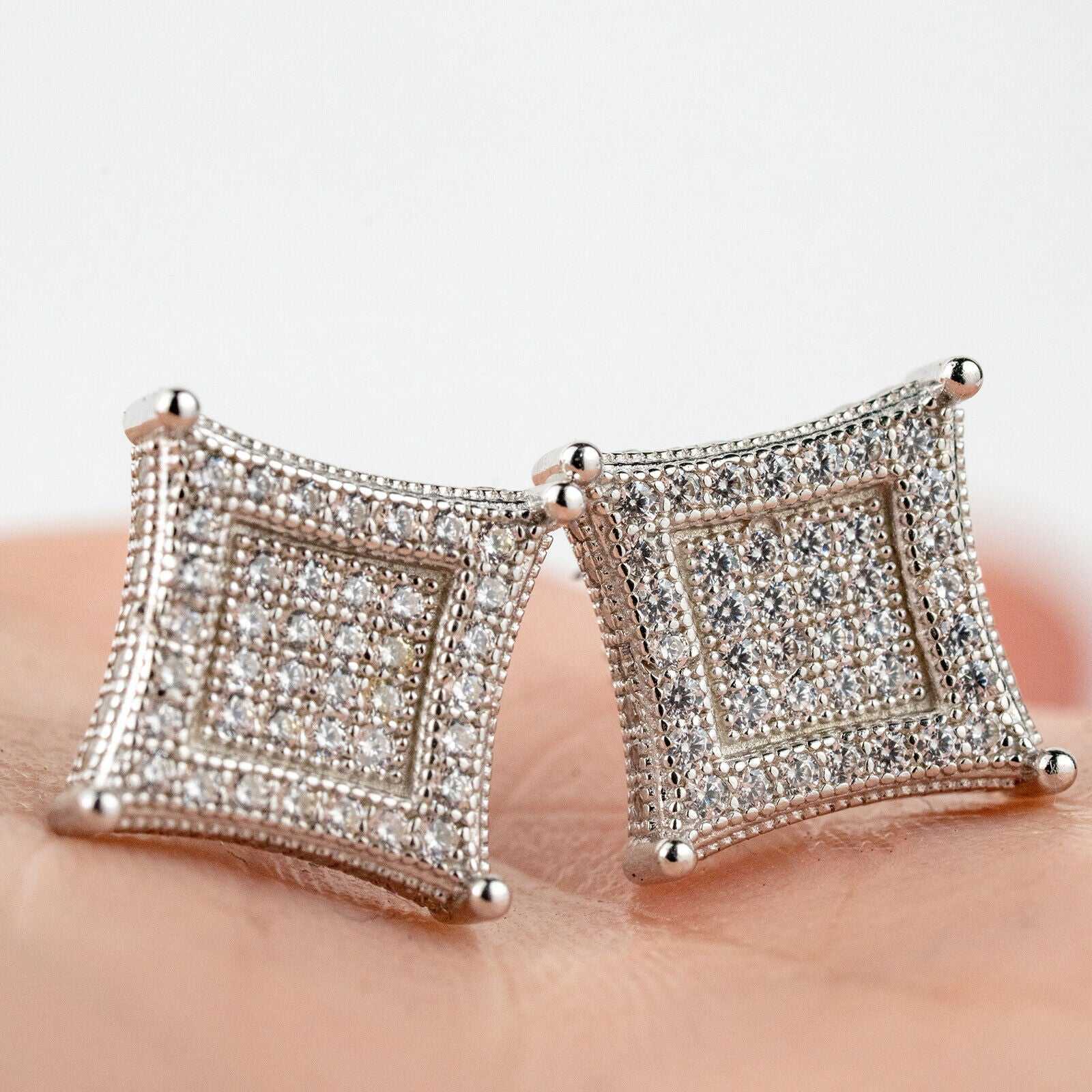 Men's kite-shaped sterling silver earrings with CZ stones, hip hop style.