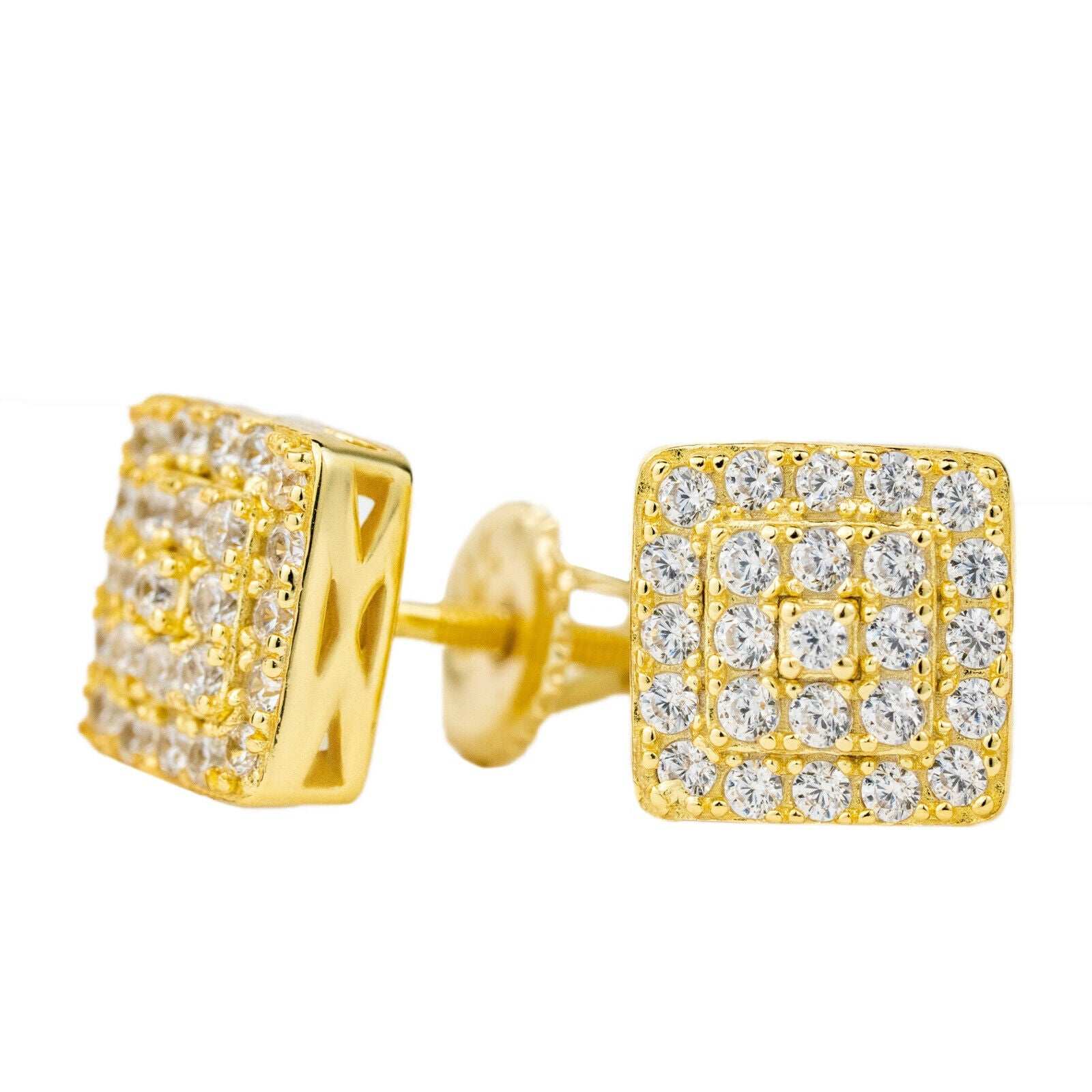 Square shaped stud earrings in 14K yellow gold plated sterling silver with cubic zirconia stones.