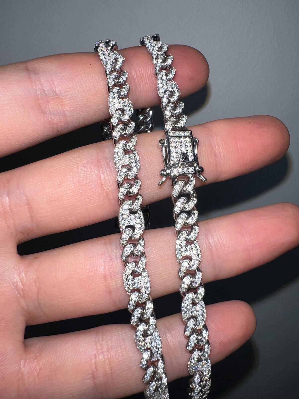 Moissanite Real Miami Cuban Mariner Link Chain Iced Hip Hop 925 Silver Necklace in hand.
