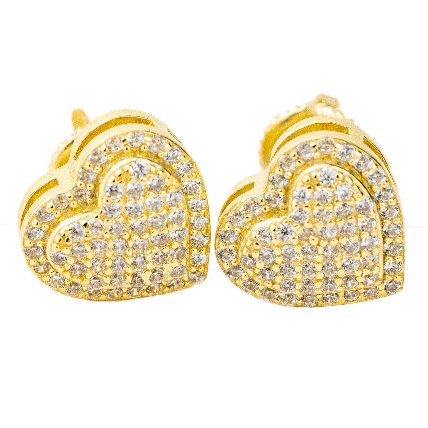 Men's heart-shaped earrings in real solid 925 sterling silver with 14k gold, hip hop studs.