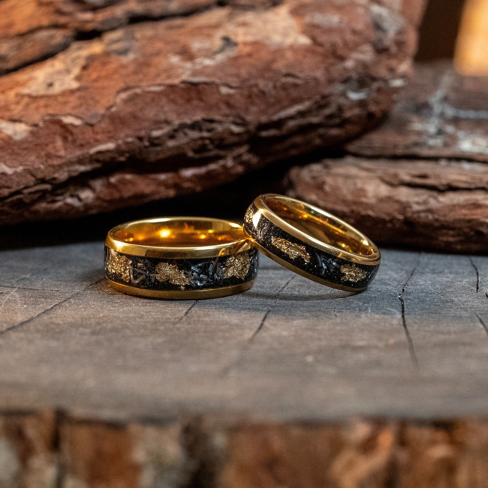Couple Rings His & Hers 8/6mm Matching Gold Meteorite Gold Leaf Tungsten Bands