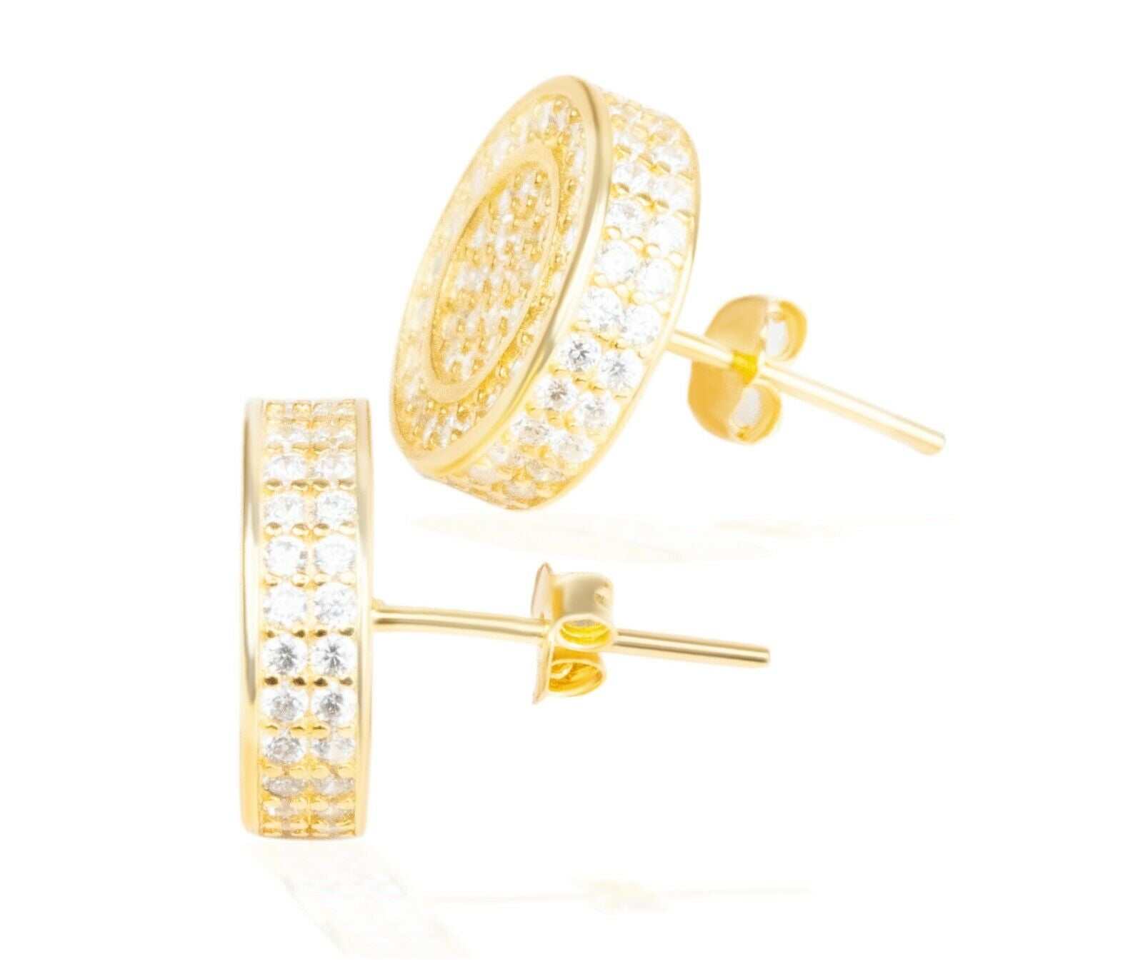 Real solid 925 silver iced CZ hip hop men's earrings with 18k gold finish.