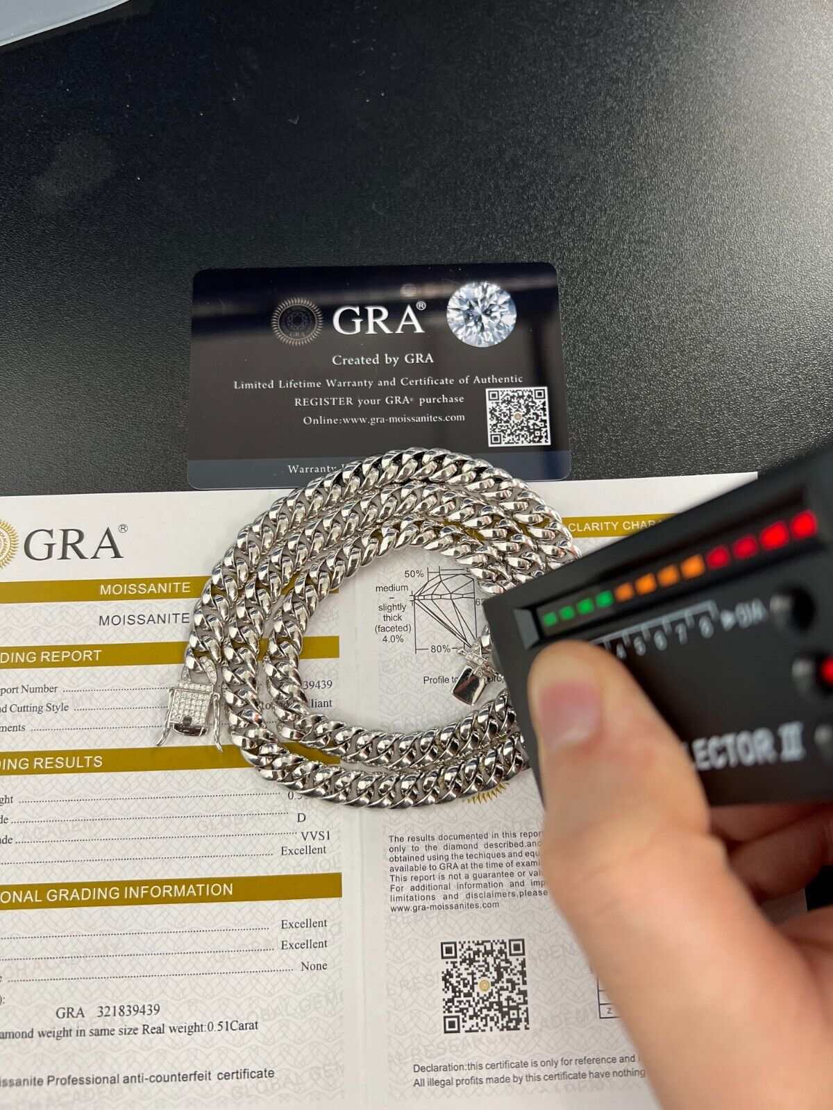 Mens Solid 925 Sterling Silver Moissanite Cuban Link Chain and diamond tester with certificate.
