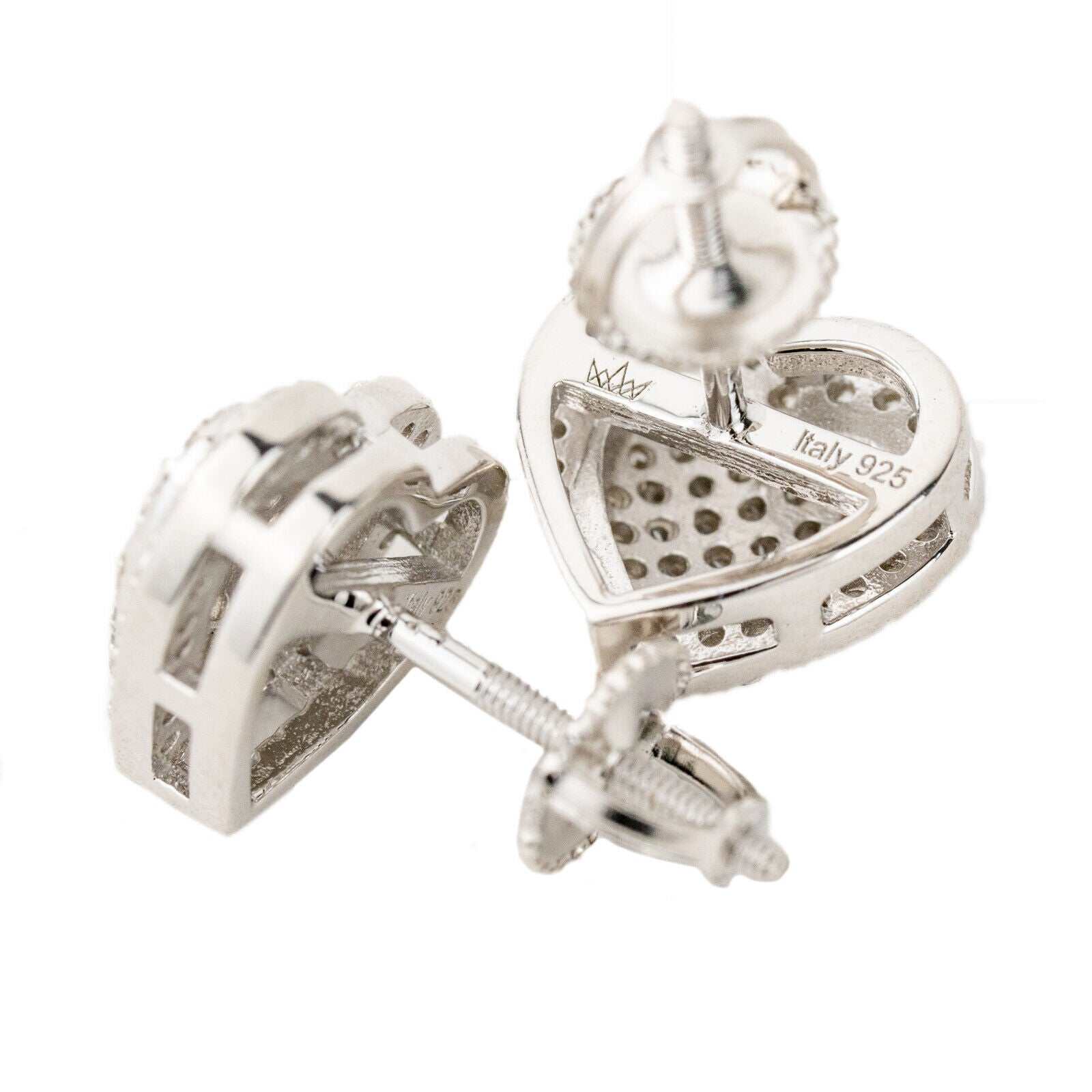 Heart shaped sterling silver stud earrings with CZ stones, unisex design.