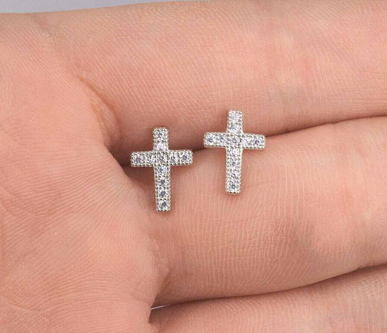 Mens solid 925 sterling silver cross earrings with CZ stones.