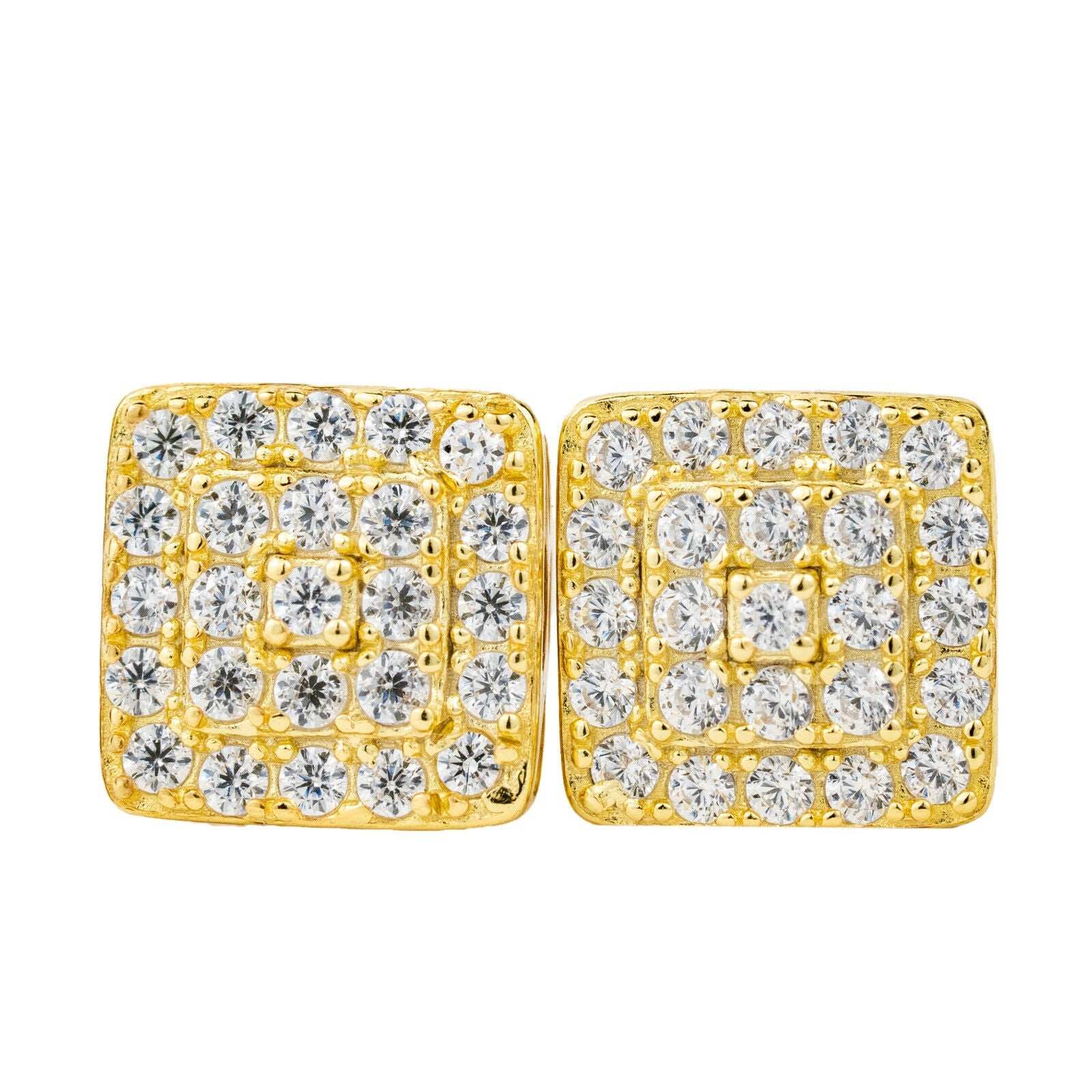 Square shaped gold plated stud earrings with cubic zirconia stones.