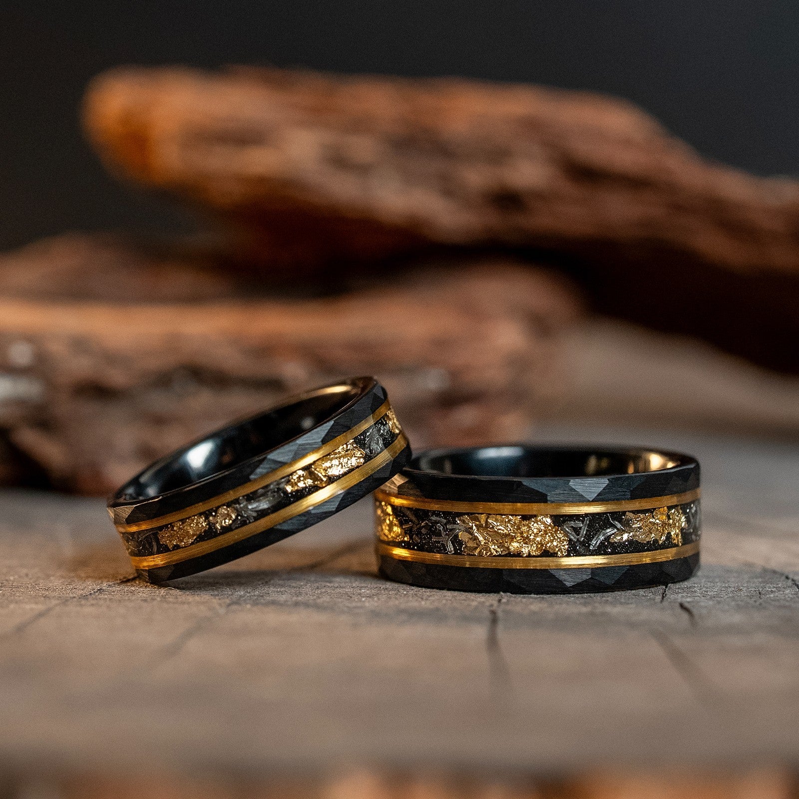 Couple Rings His & Hers Matching Rings Black Meteorite Gold Leaf  Tungsten Bands