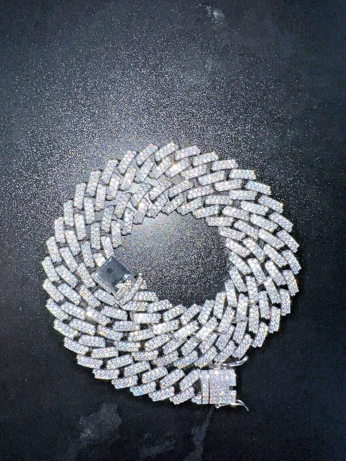 23.97ct moissanite Miami Cuban link chain, iced hip hop style, 925 silver necklace.