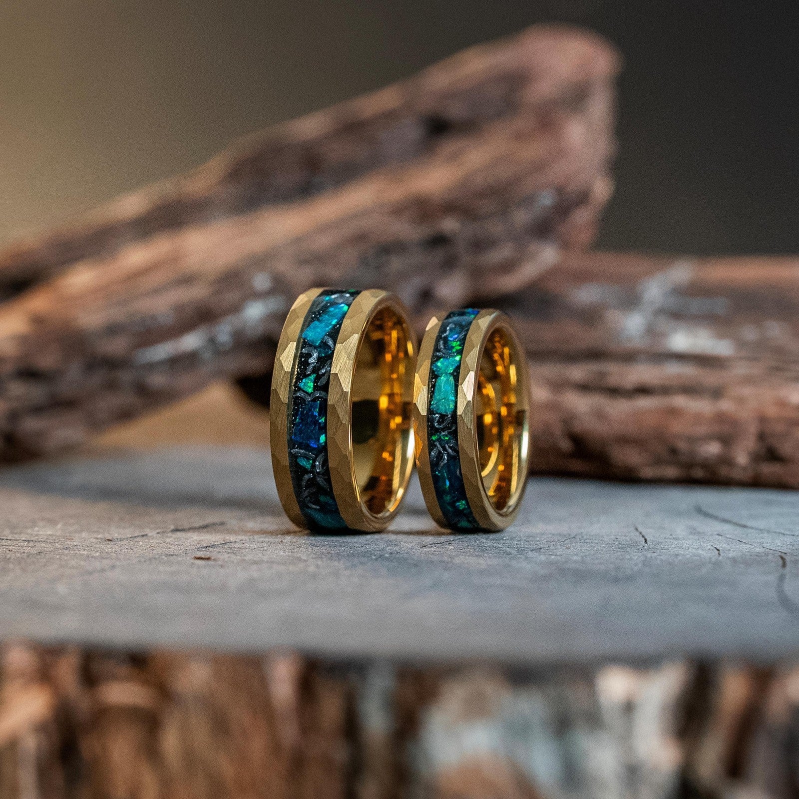 Couple Rings Matching Gold Meteorite Opal Tungsten Carbide Engagement Bands 6/8