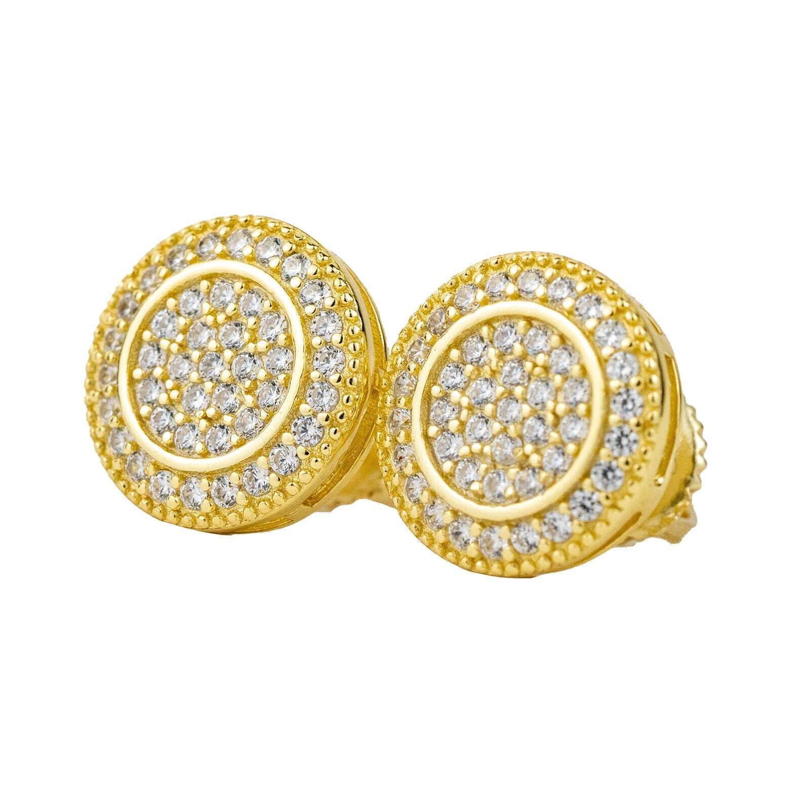 Real Solid 925 Silver Iced CZ Hip Hop Men's Earrings, 14k Gold Plated Big Studs.