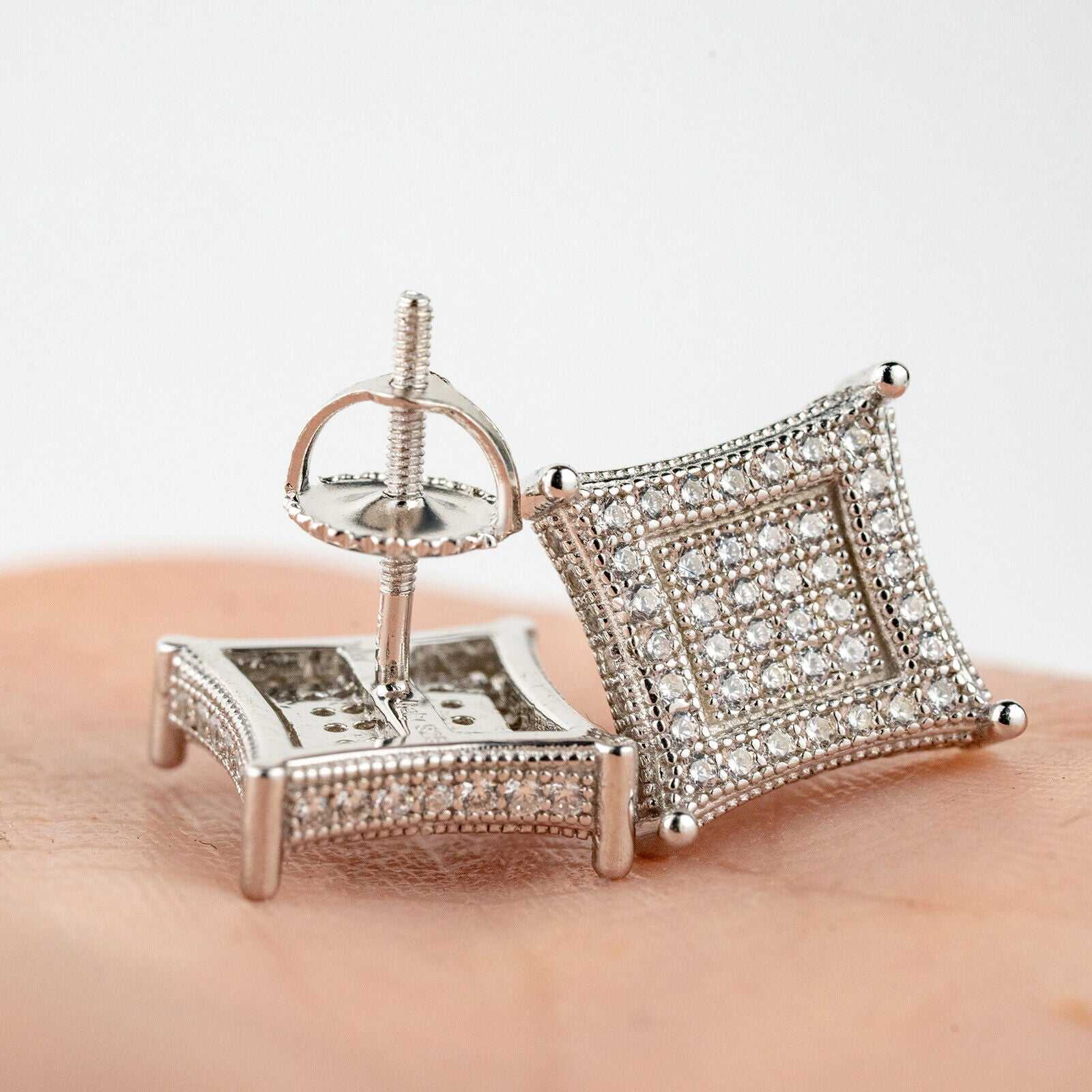 Men's 925 sterling silver kite-shaped earrings with iced CZ, 10mm, hip hop style.