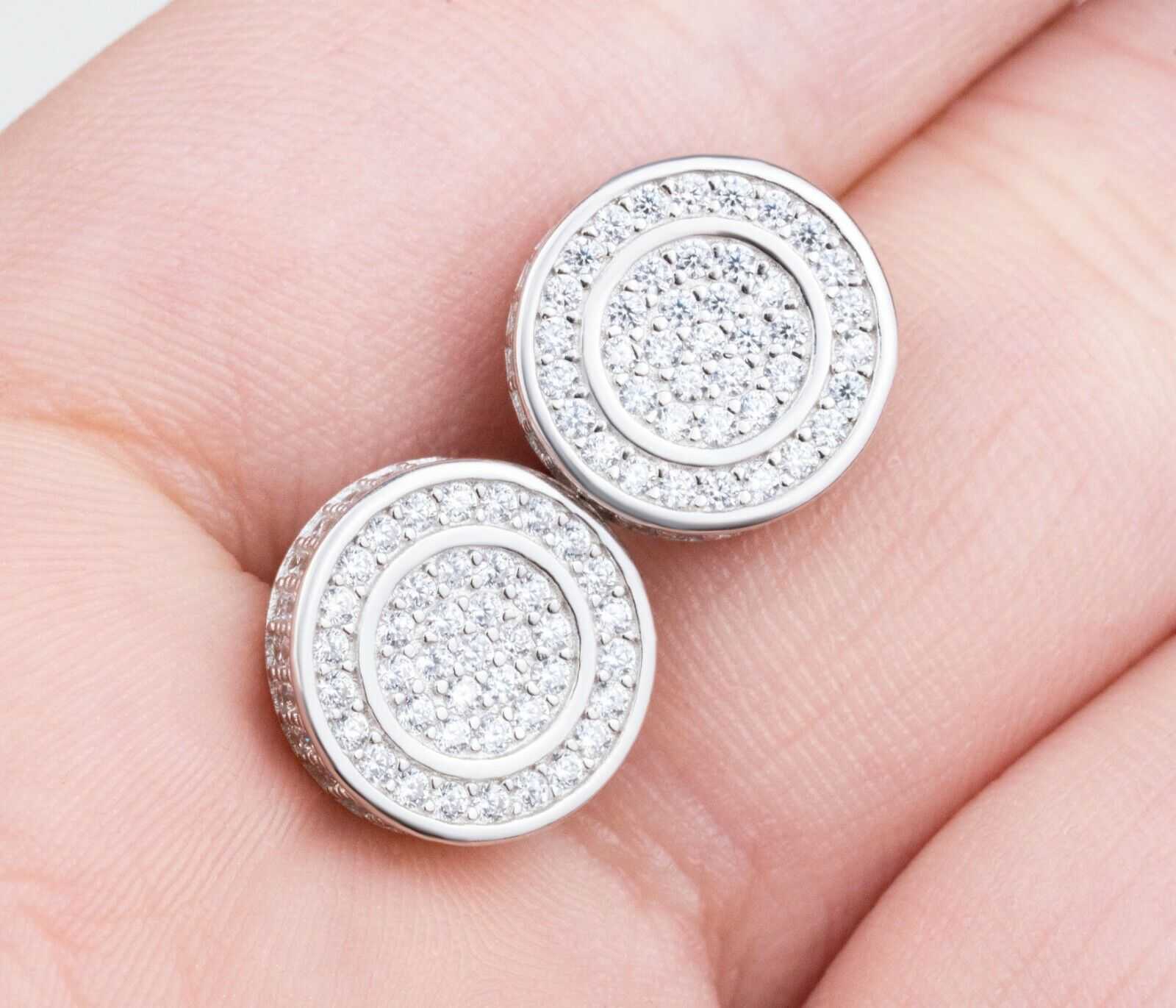 Real solid 925 silver iced CZ hip hop men's earrings, big studs with 18k gold finish.