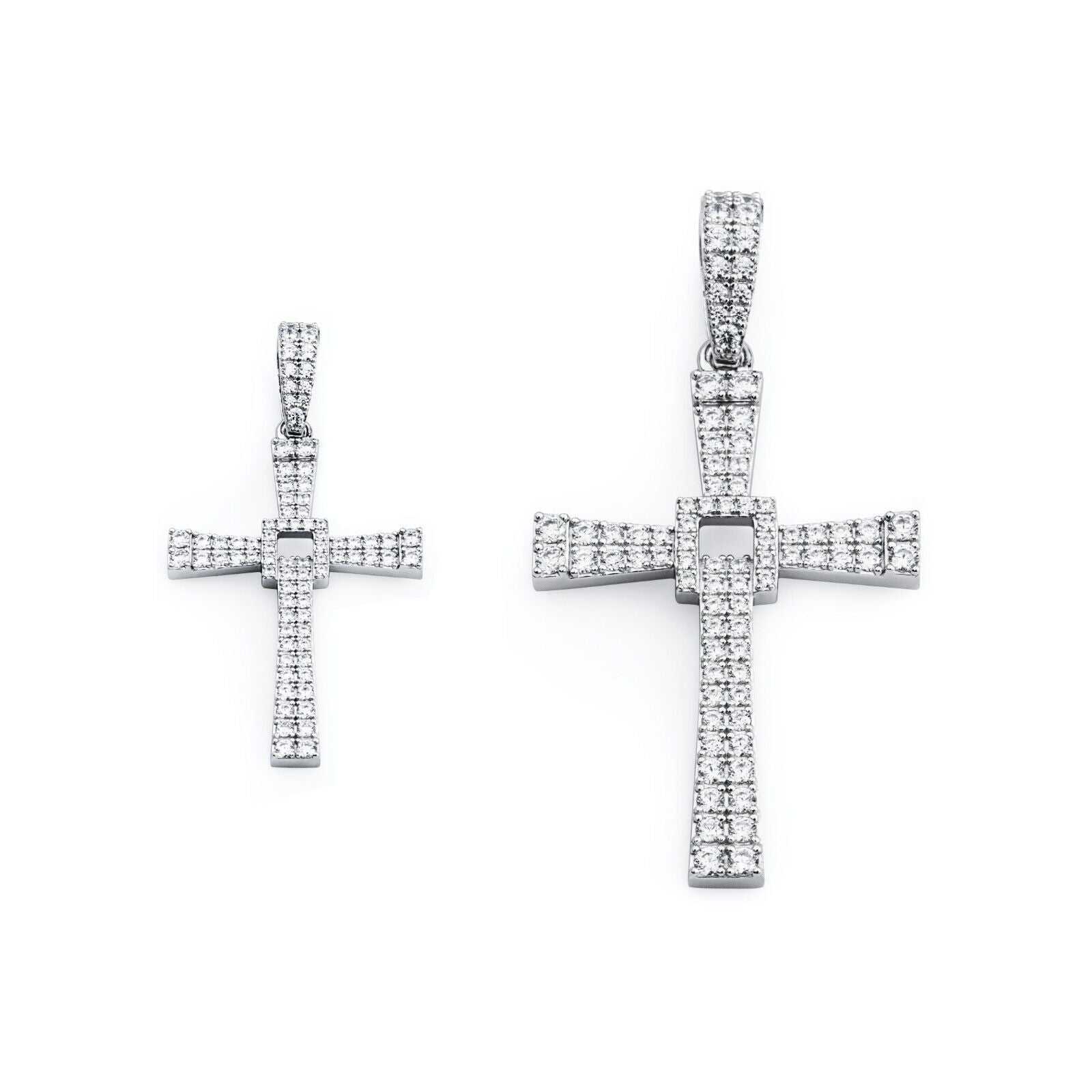 Silver cross pendant made of 925 sterling silver with CZ stones, available in two sizes.