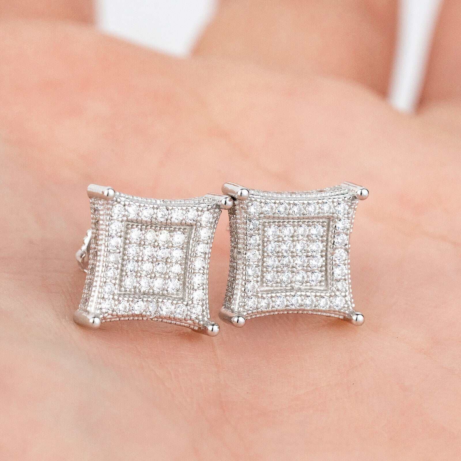 Men's solid 925 sterling silver kite-shaped earrings with CZ stones, hip hop style.