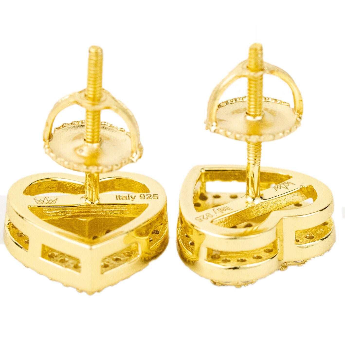 Men's real solid 925 sterling silver 14k gold heart-shaped hip hop stud earrings.
