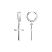 Sterling silver cross earrings with rhodium plating, classic hoop design with cross dangle.