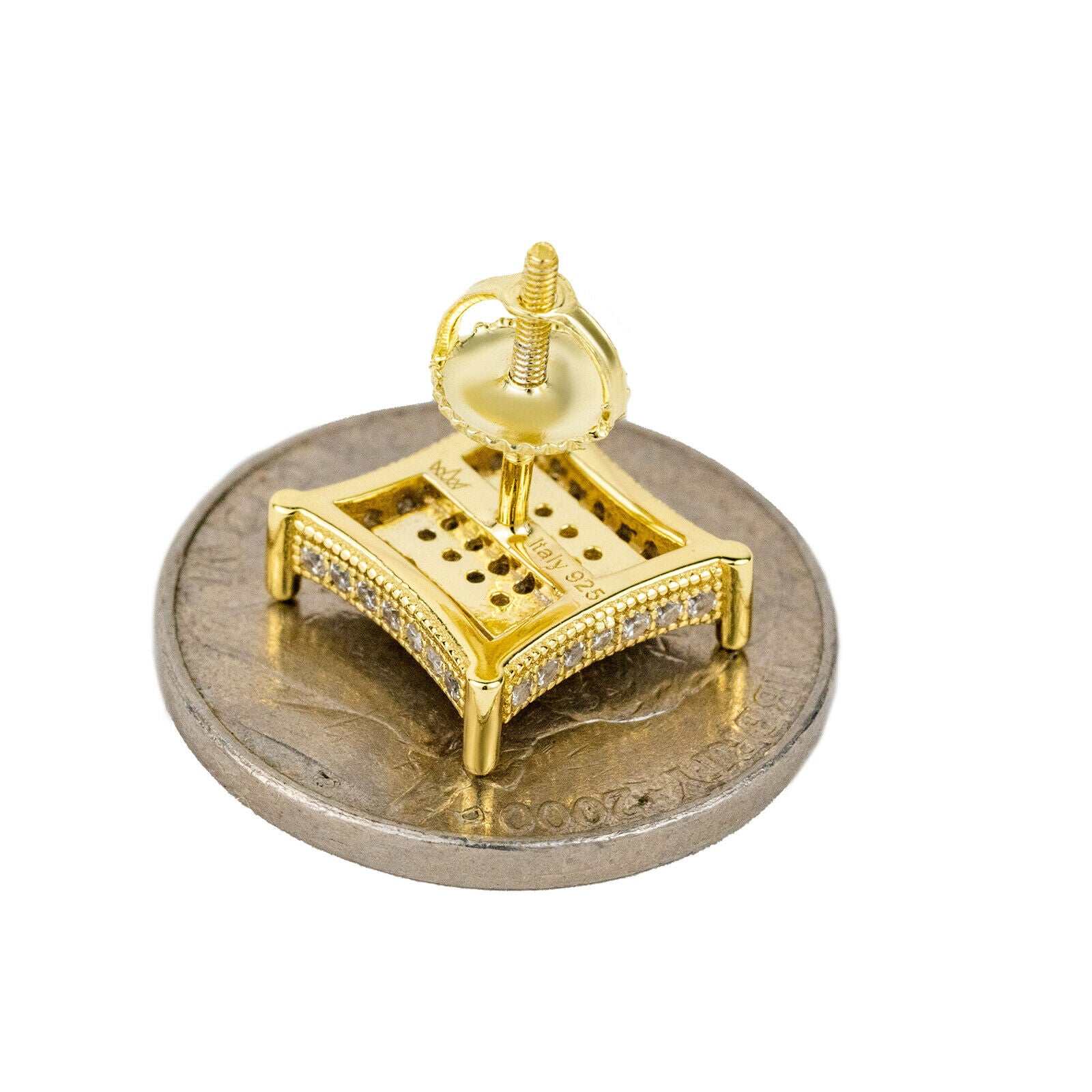 Mens 14k gold plated 925 sterling silver iced CZ square kite earrings on coin.