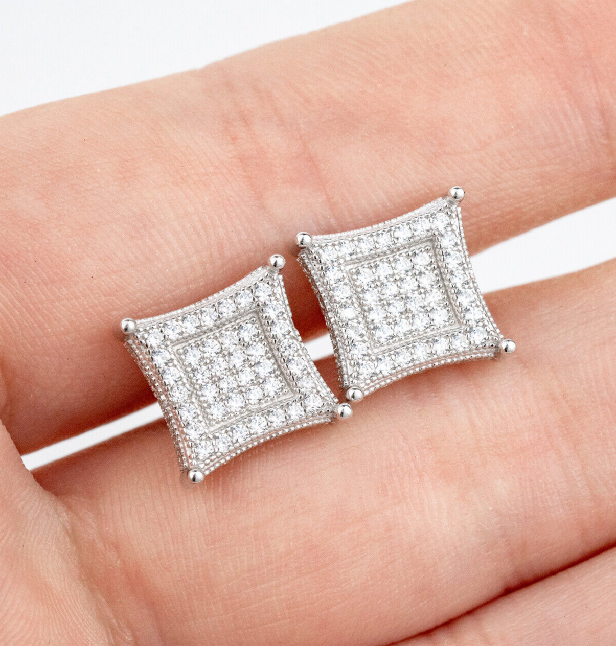 Men's 925 sterling silver kite-shaped earrings with iced CZ stones, 10mm.