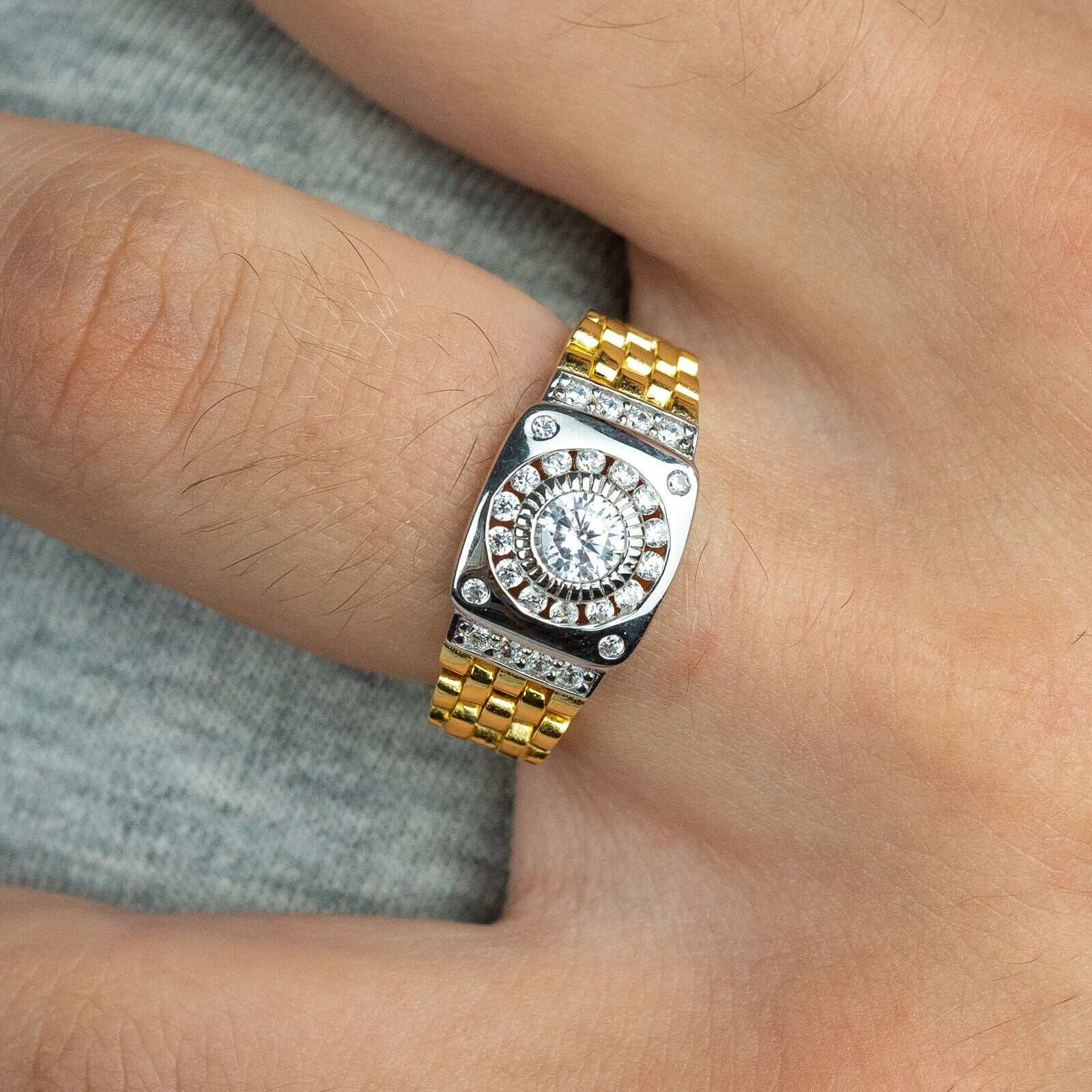 Watch ring with unique design, 10K yellow gold plating, sterling silver, cubic zirconia stone.