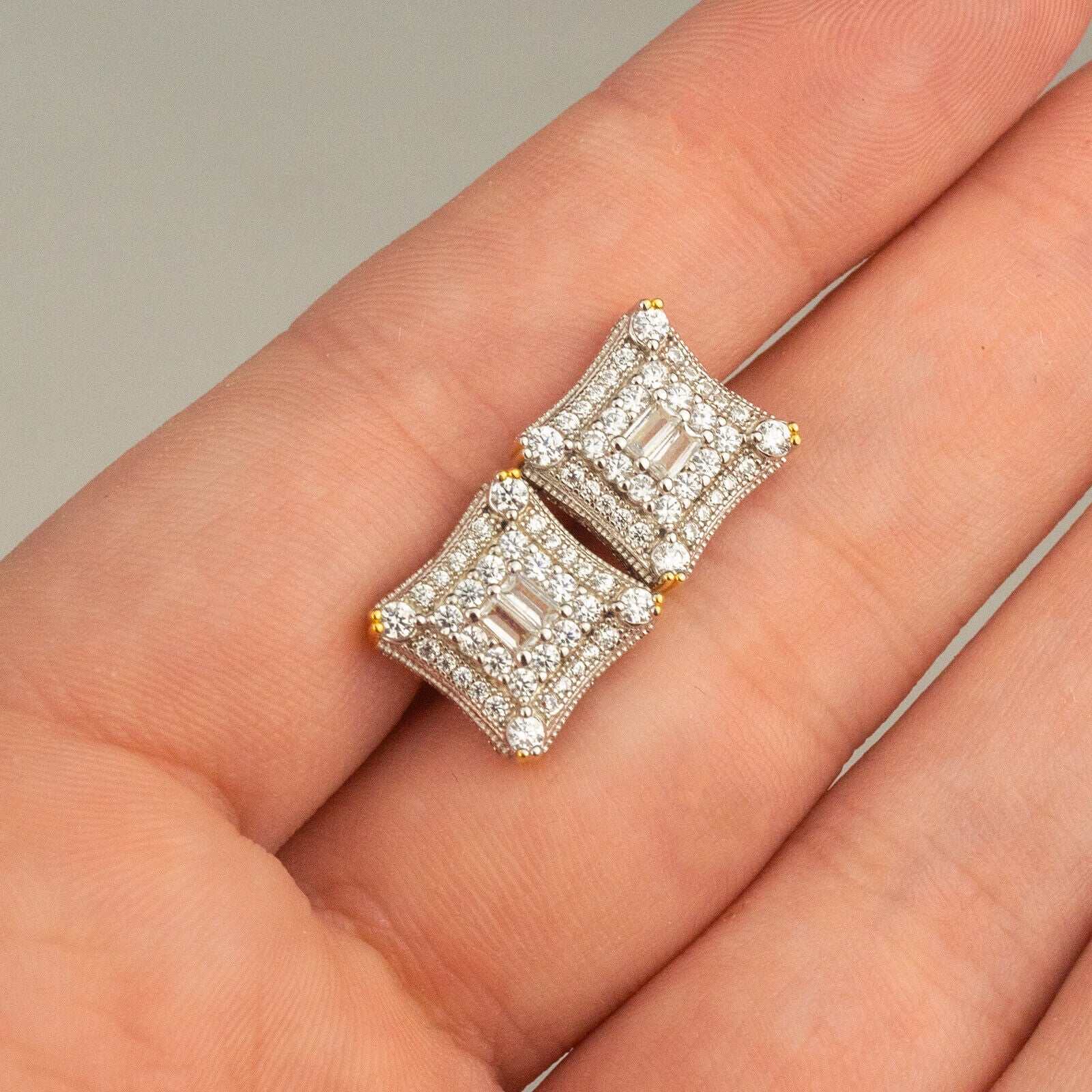 Mens solid 925 sterling silver earrings with 14K gold finish and CZ hip hop studs.