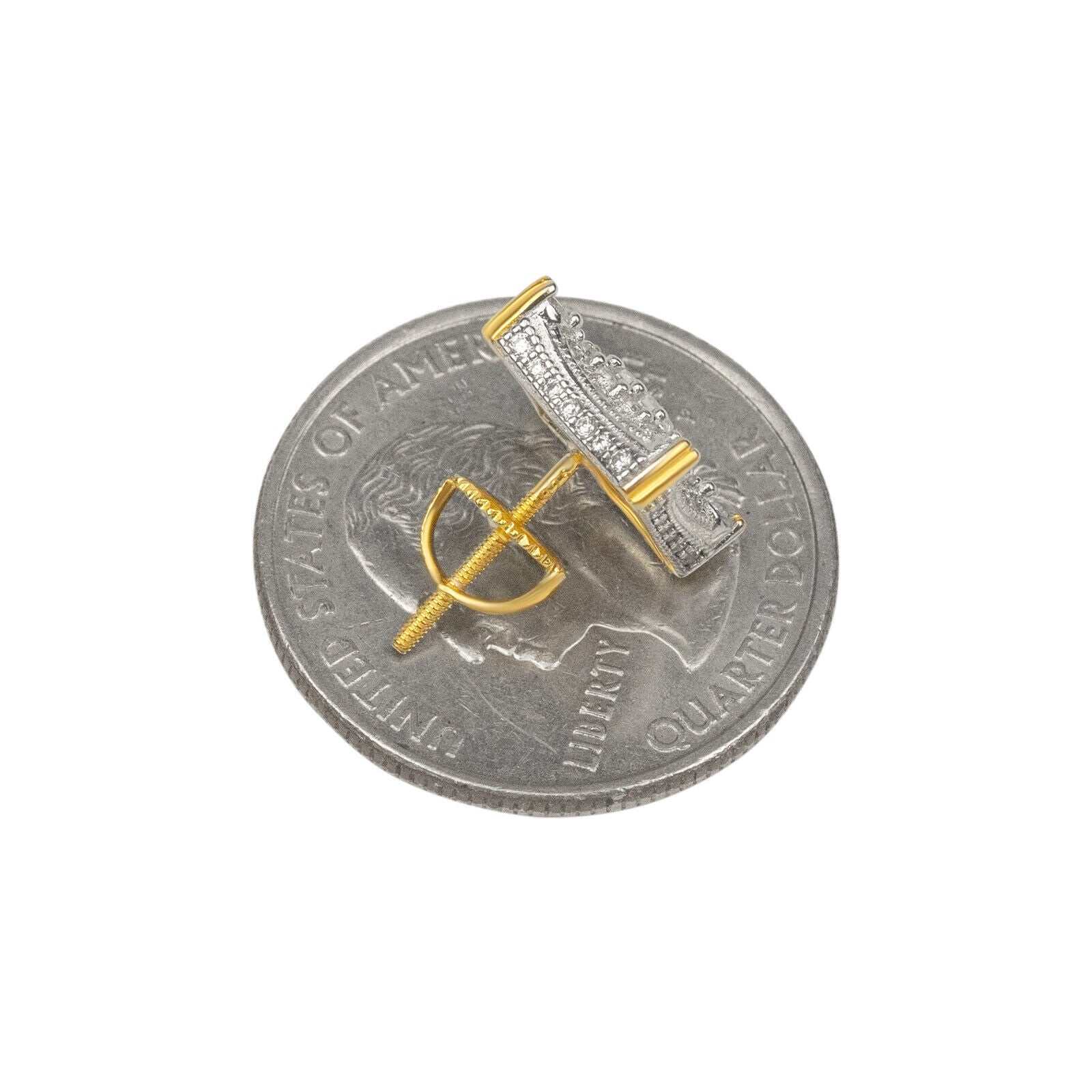 Mens 925 sterling silver 14K gold finish kite style stud earrings on coin background.