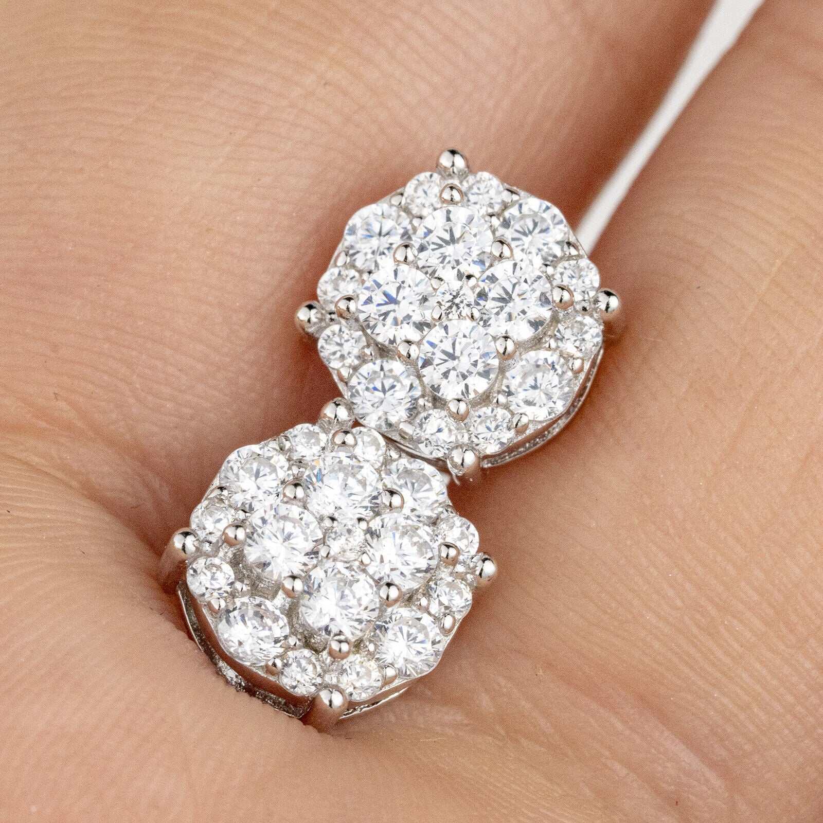 Men's 925 Sterling Silver Round Lobe Screw Back CZ Hip Hop Earrings with Cubic Zirconia.