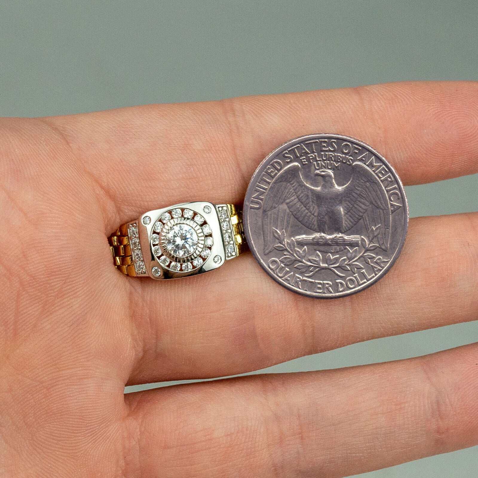 10K yellow gold plated watch ring with cubic zirconia, flexible band design.