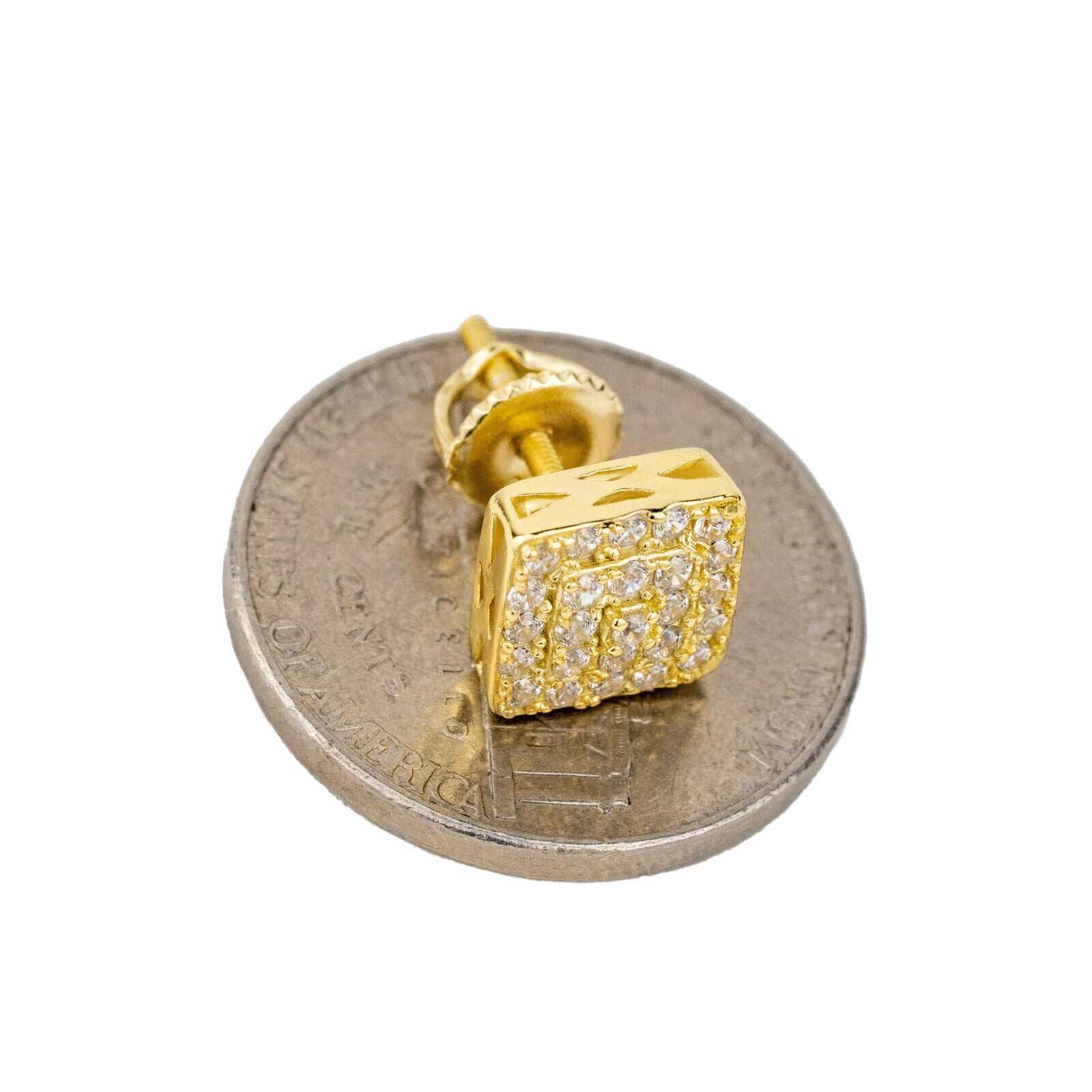 Square shaped stud earrings with cubic zirconia, 925 sterling silver, 14K yellow gold plated, unisex, on coin for scale.
