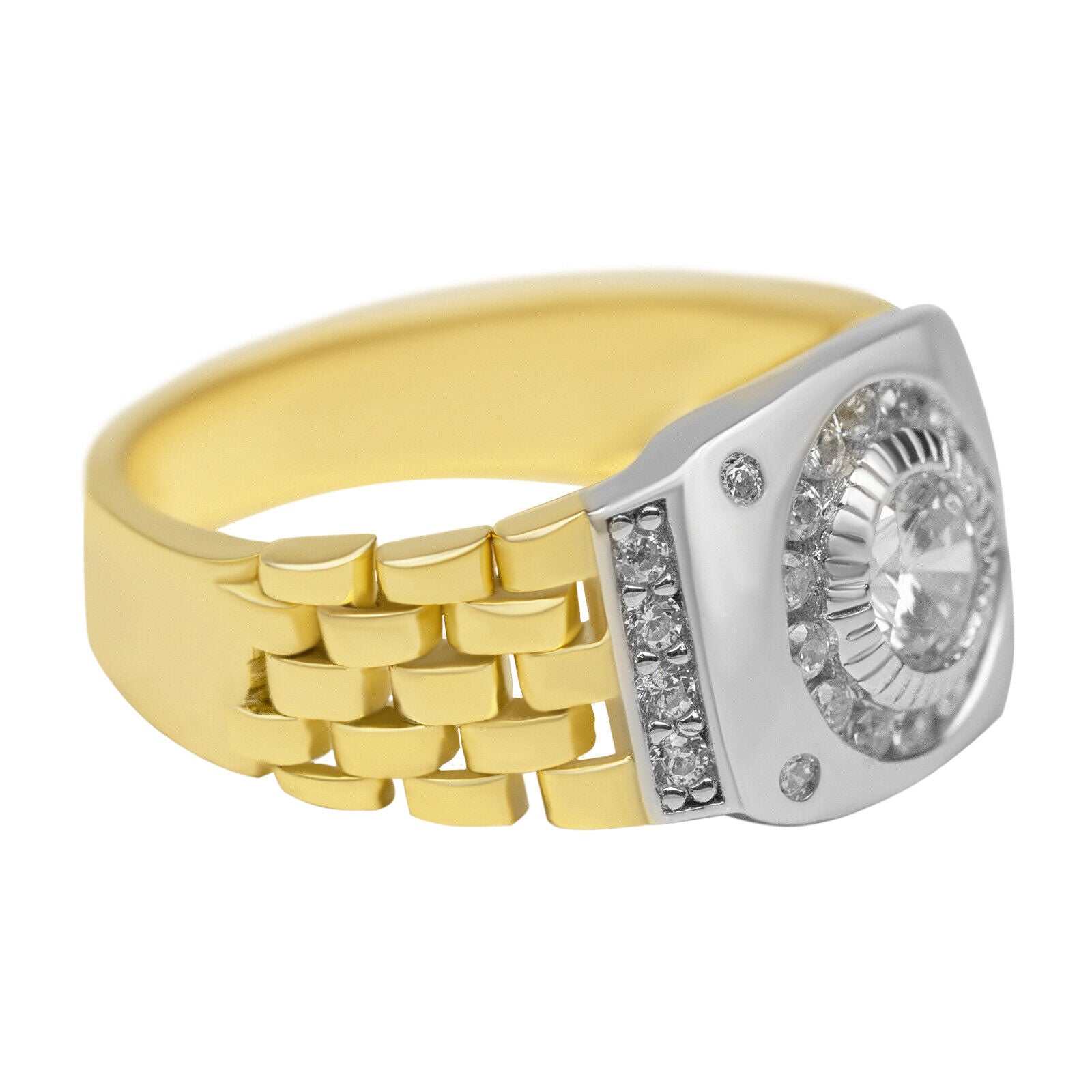 Unique watch ring with flexible band design, 10K yellow gold plated, solid 925 sterling silver, featuring a 0.3 ct cubic zirconia stone.