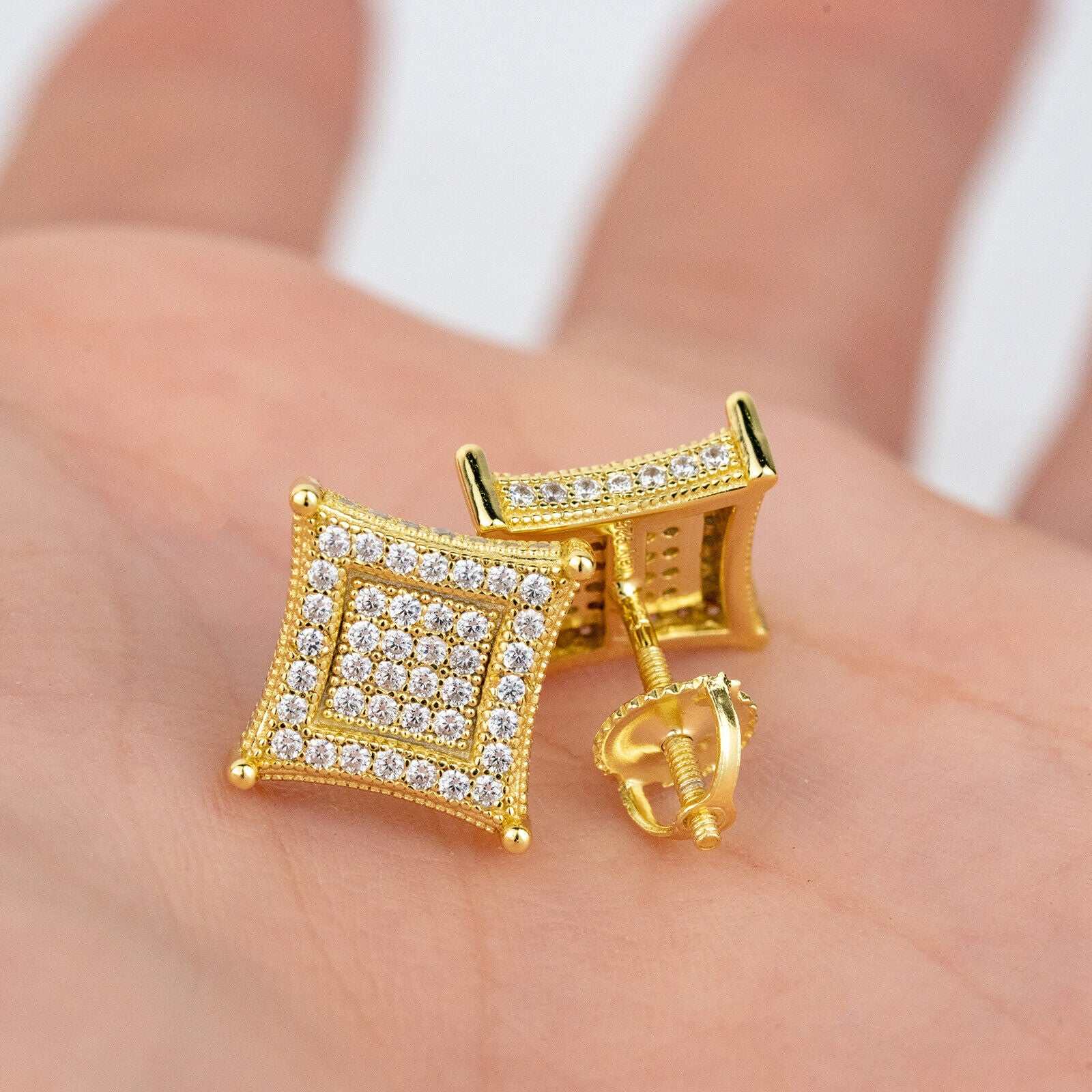 Mens 14k gold plated sterling silver iced CZ square kite earrings, unisex design, 10x10mm size.